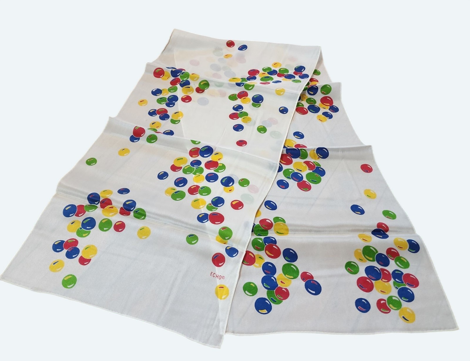 Vintage Echo White Silk Scarf w Multicolor Bubble Print 11×46 Inches Retro