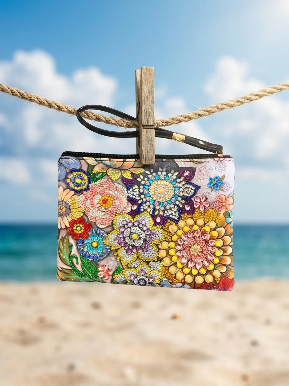 Diamond Art Rhinestone Vinyl Zippered Clutch