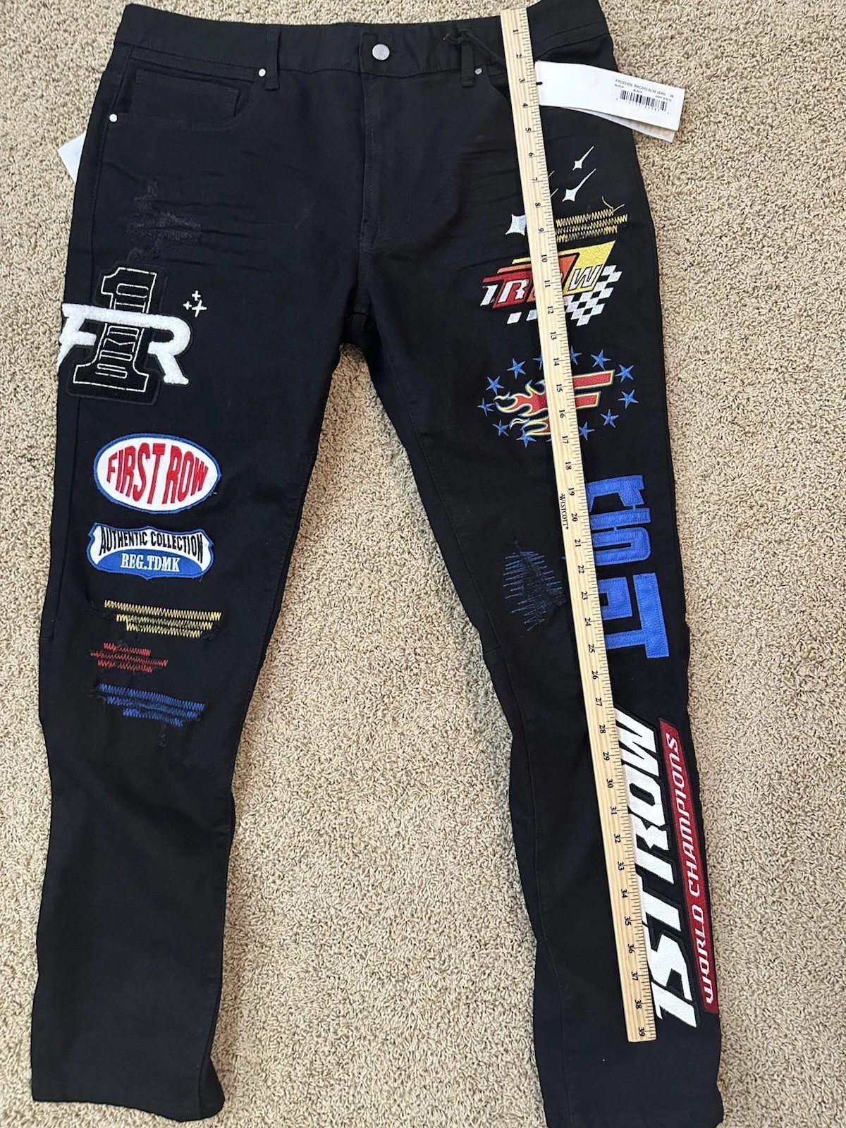 First Row Mens Black Denim Jeans With Patches And Embroidery 38×32 New With Tags