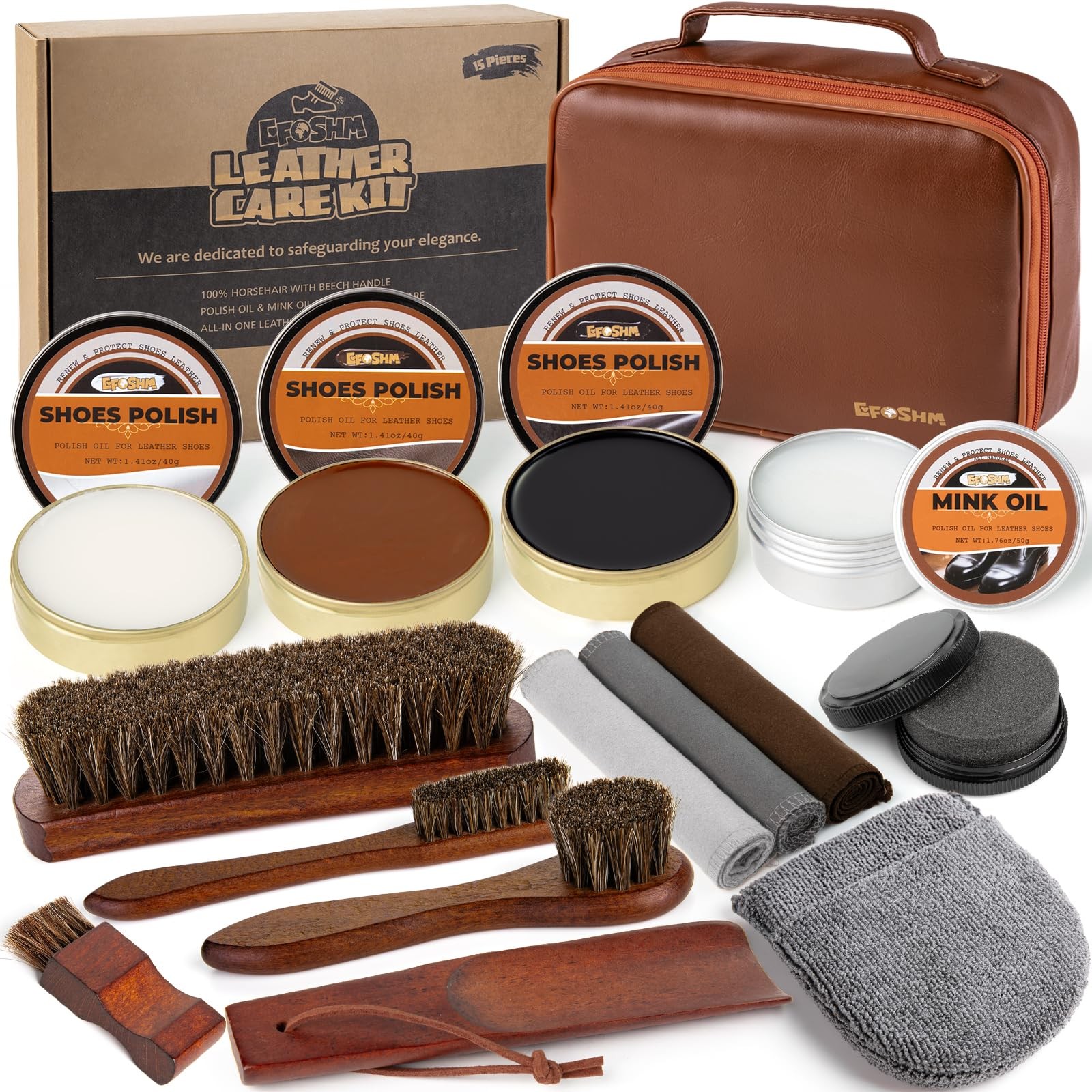 15-in-1 Shoe Shine Kit & Leather Polish Set with 4 Horsehair Brushes, Black 1