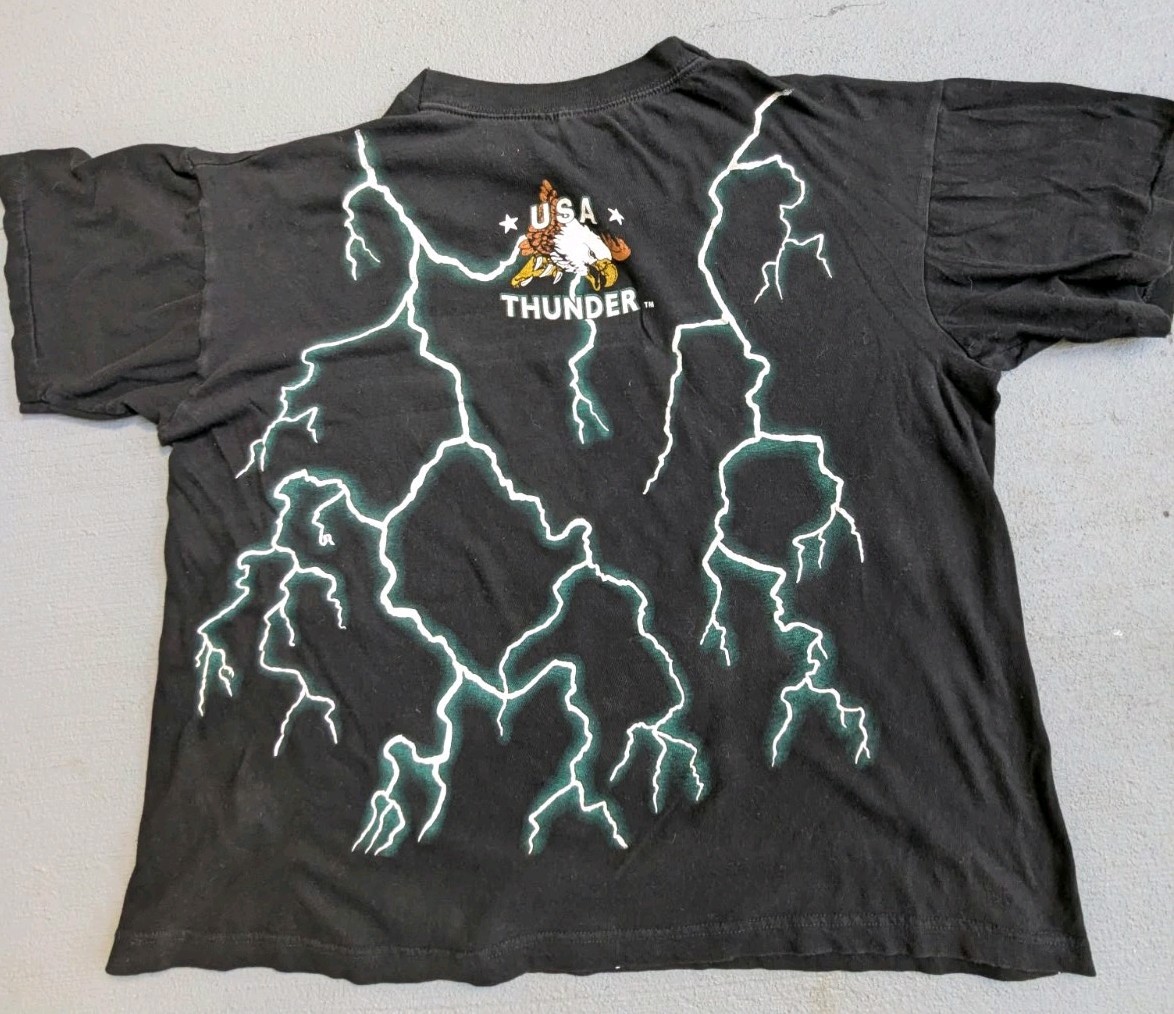 Vintage 90s American Thunder Lighting Wolf Biker T Shirt Men’s XL Black AOP USA