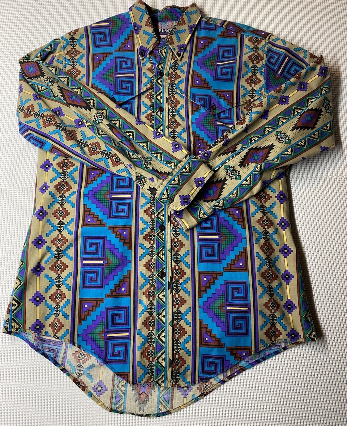 Vintage Plainsman Shirt Mens L Colorful Aztec Western Canvas Brushpopper Tall