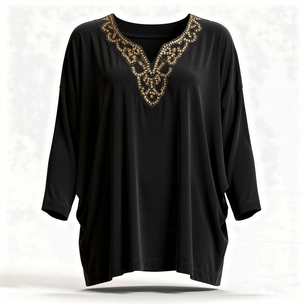 Slinky Brand Size 1X Knit Long Tunic Blouse Black Jeweled Neckline 3/4 Sleeve