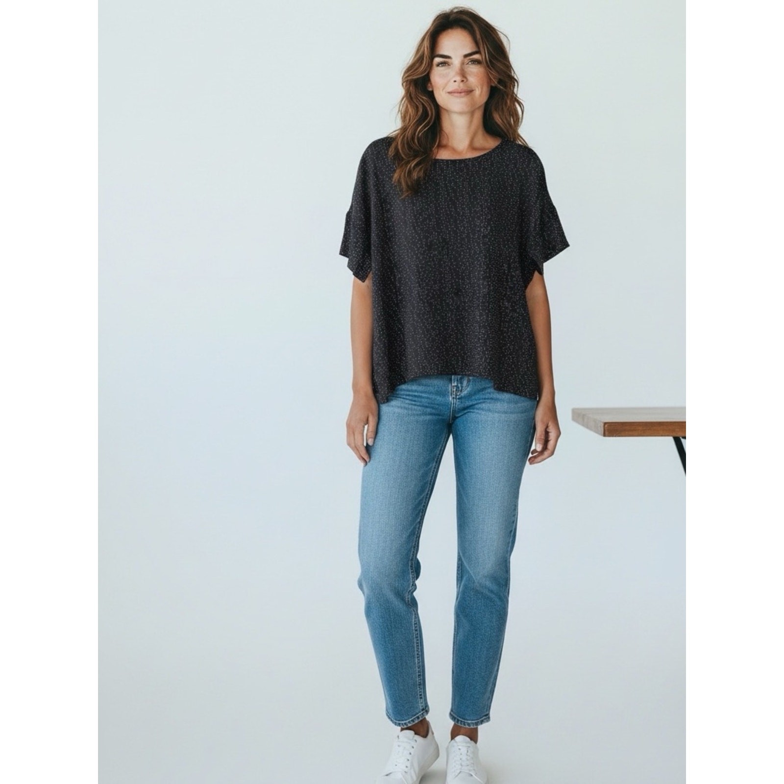 Eileen Fisher Black Short Sleeve Boxy Top with Subtle Dot Texture Medium