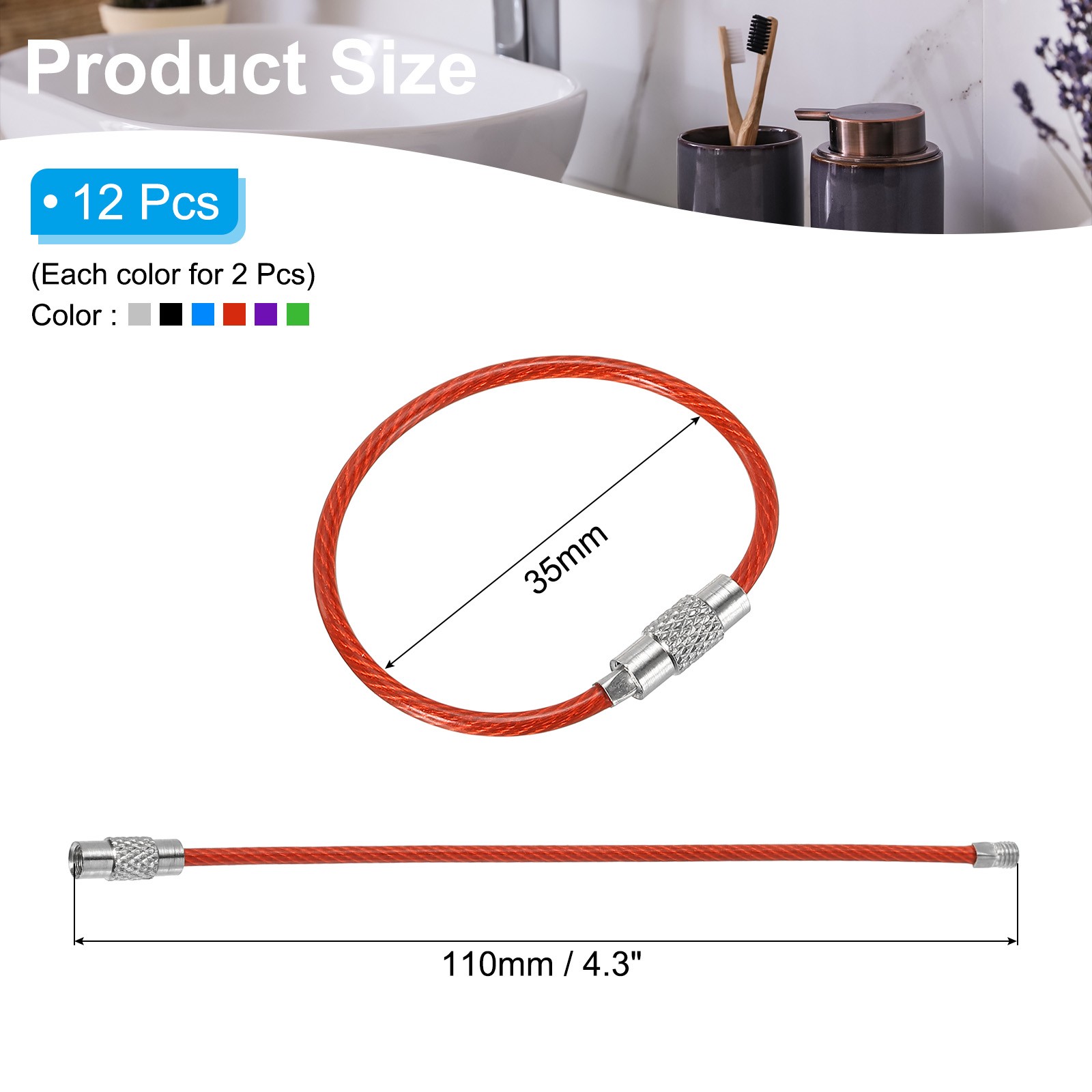 4.3 Inch Wire Keychain Cable, 12 Pack Key Ring Loop, Multicolor