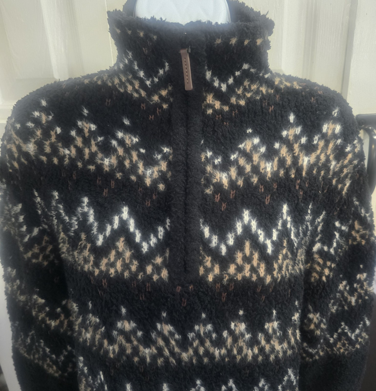 Natural Reflections Quarter Zip Pullover Women M Black Fair Isle Cabin Gorpcore