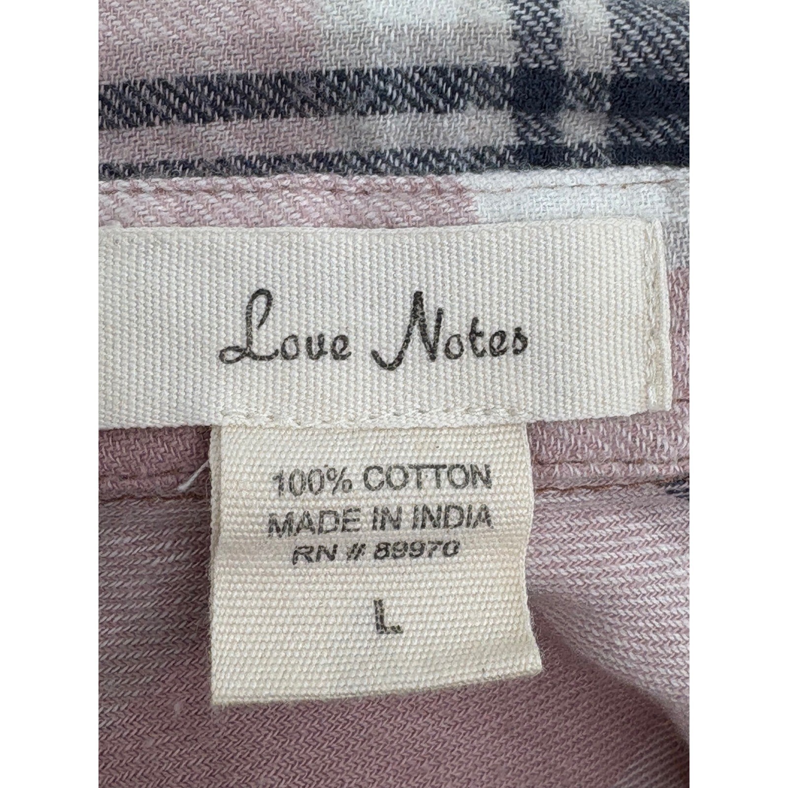 Love Notes Button Down Shirt Mauve Pink Plaid 100% Cotton Large