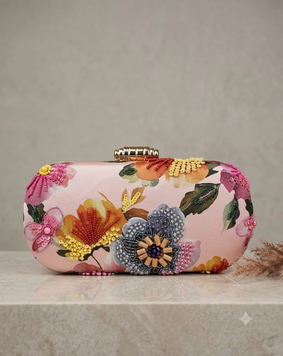 Luxury Evening Clutch Bag Leaf Artisan Sequin Work Gold Boho Embroidered Handbag