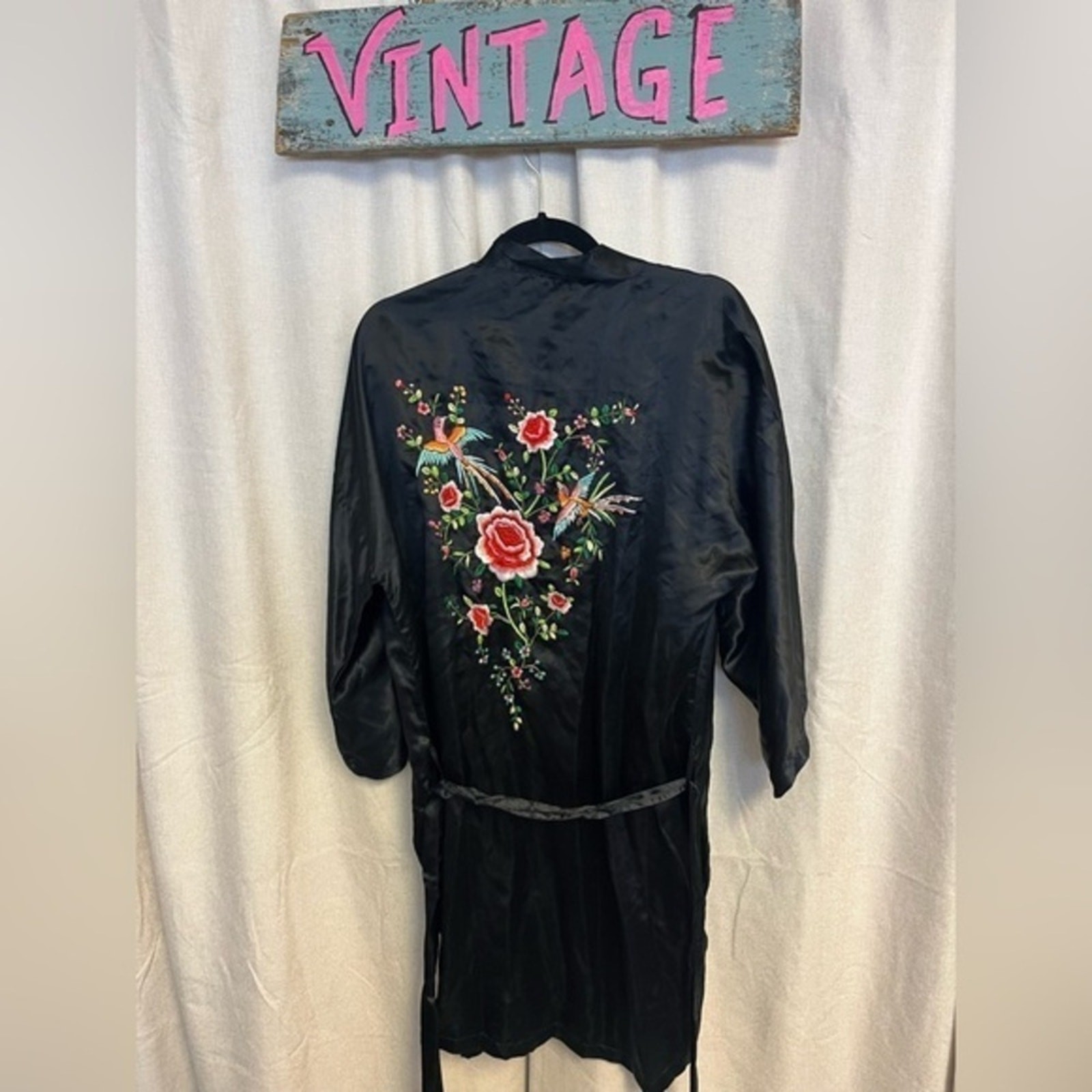 Vintage Asian Black Floral and Birds Embroidered Kimono Rayon Silk Blend