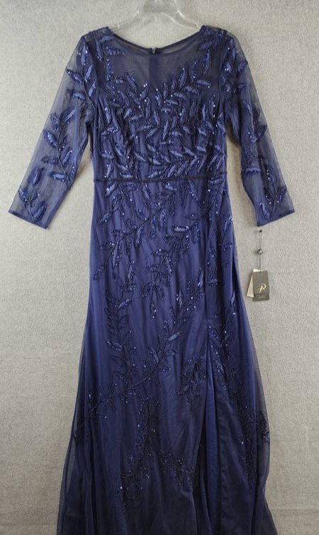 Adrianna Papell Long Sleeve Fully Beaded Mob Column Gown Women’s 10 Blue