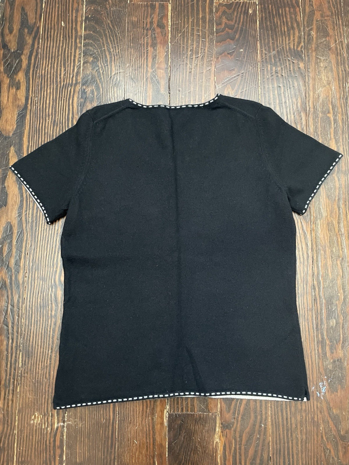 Saks Fifth Avenue 100% Cashmere Black White Piping Short Sleeve Tee Size Small