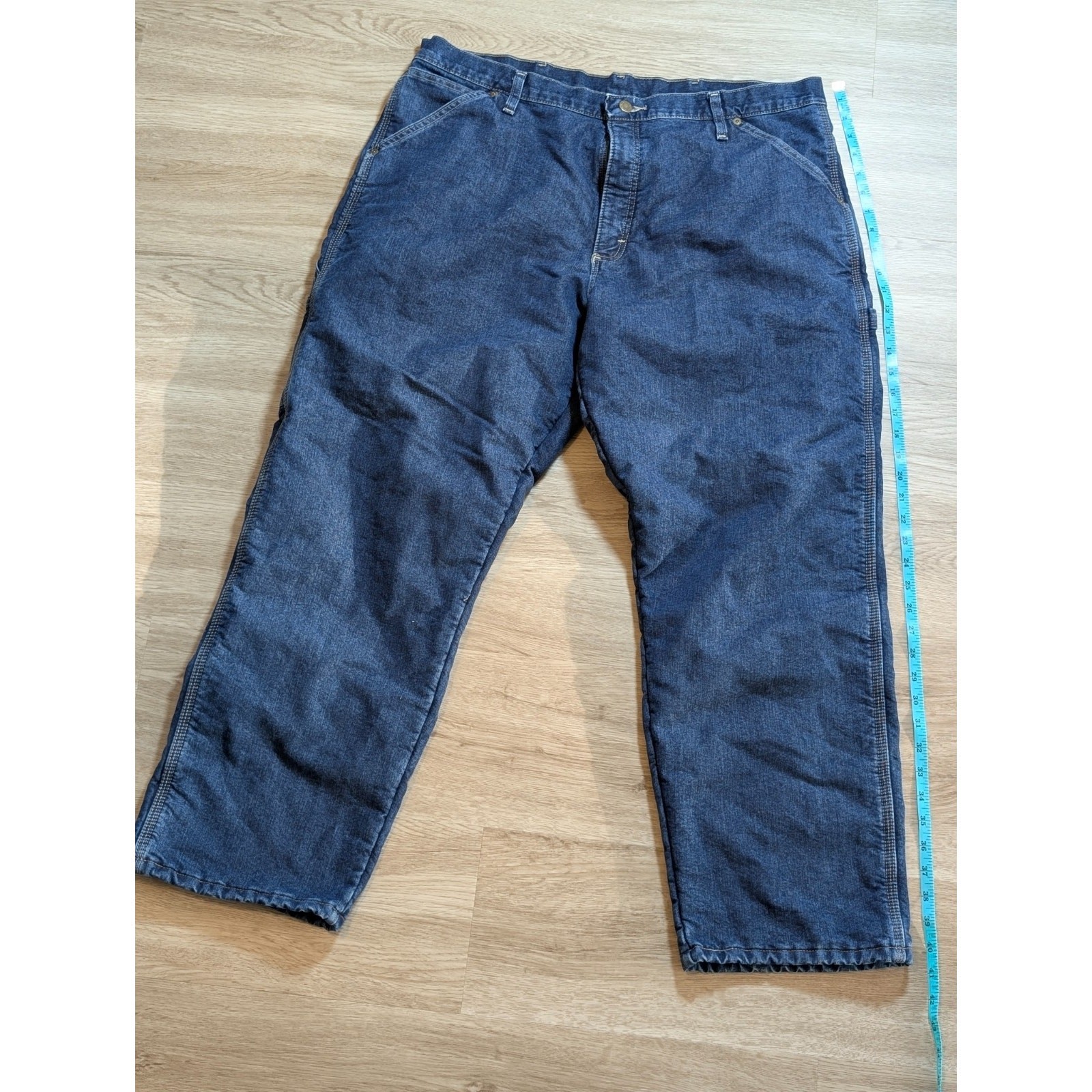 Wrangler Mens 38×30 Blue Denim Fleece Lined Carpenter Work Jeans Relaxed Fit