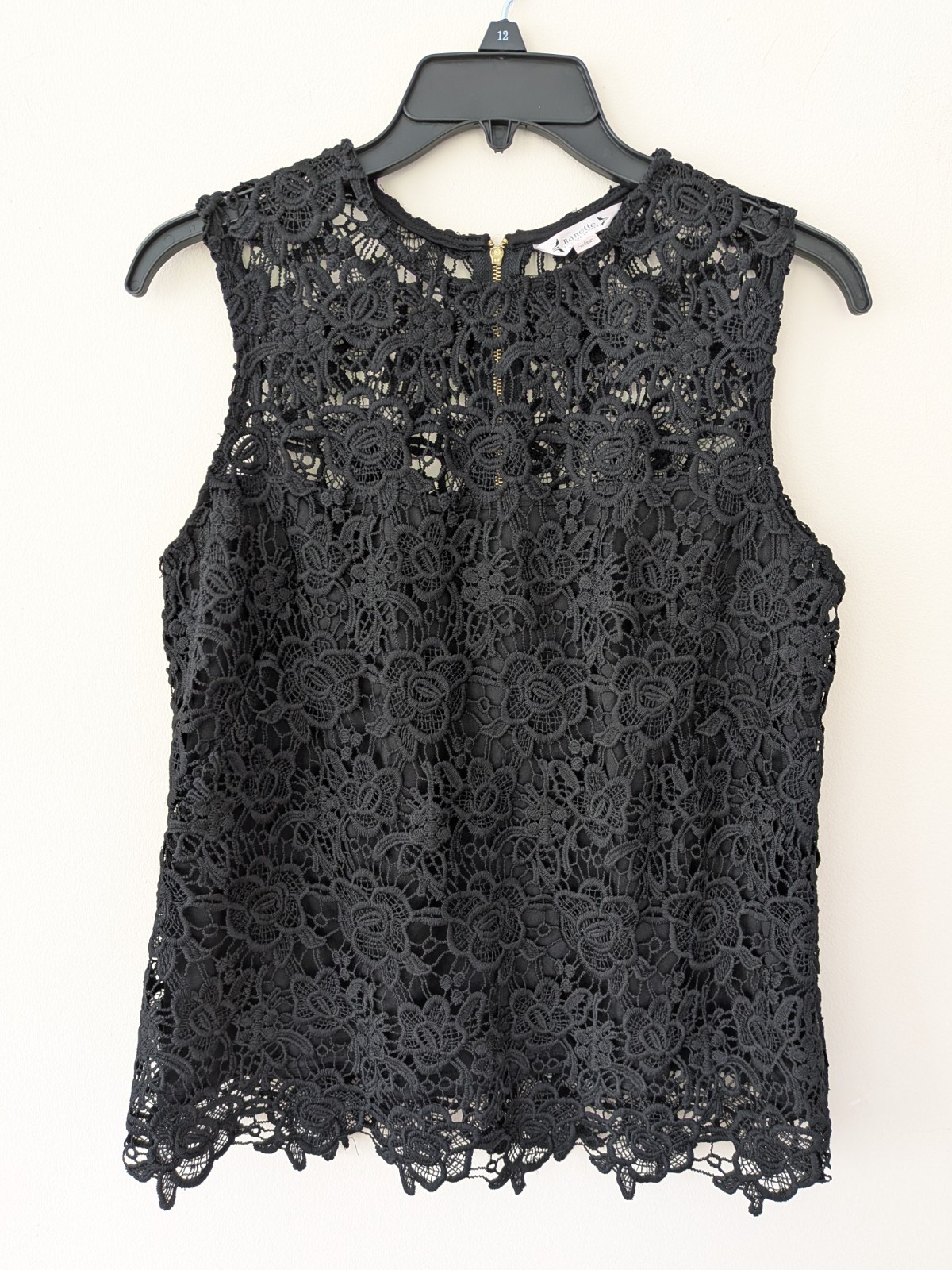Nanette Lepore Black Floral Lace Sleeveless Round Neck Top Full Zip Back