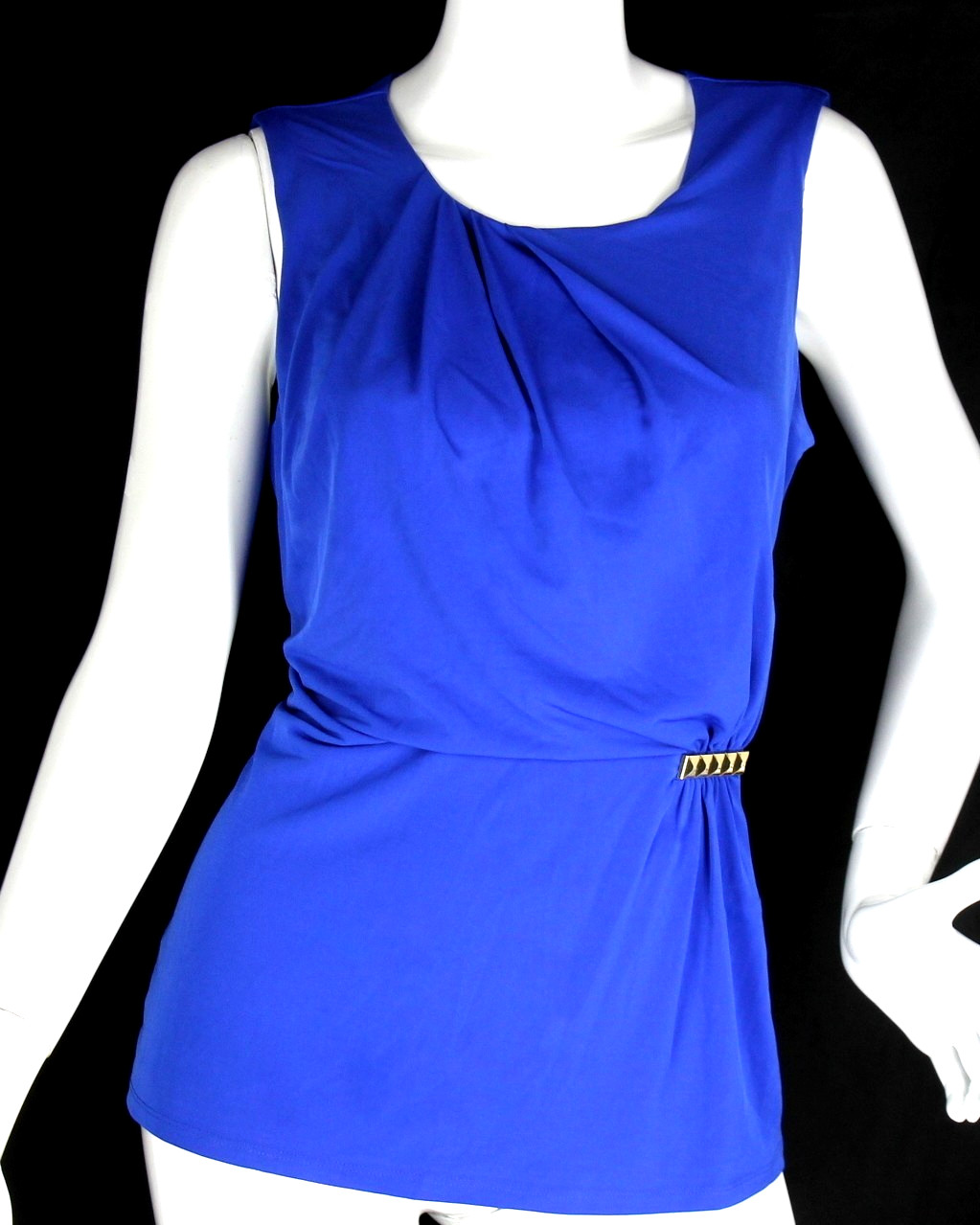 {CALVIN KLEIN} Shirt/Top Peplum Blue Sz. M Gold Emblem Jersey Stretch Lined