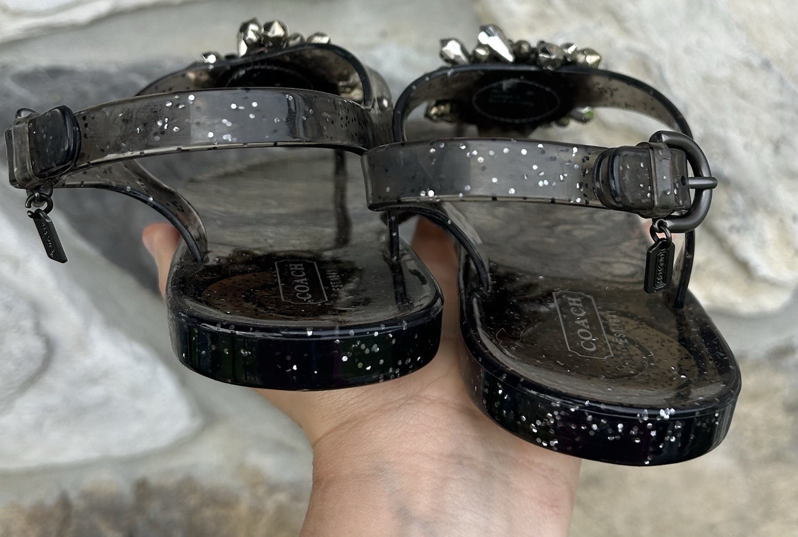 Coach Hilda Jelly Sandals Size 9 Black Embellished Glitter Designer Resortwear
