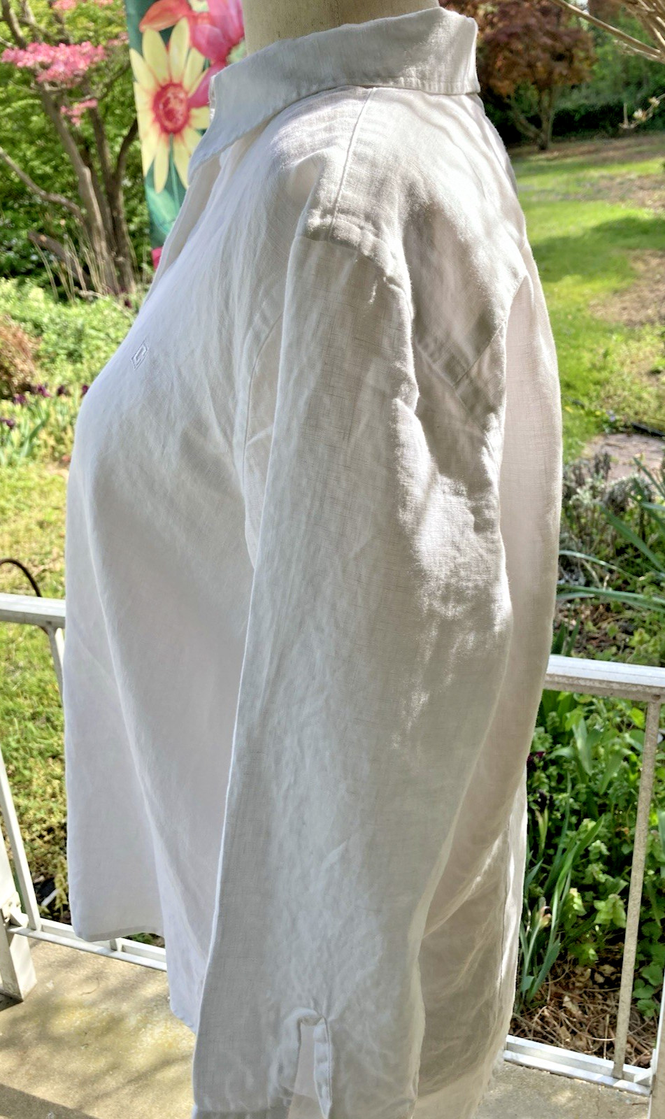 Chaps *Logo* White Button Up Collared Blouse 100% Linen SZ XL 3/4 Split Sleeve