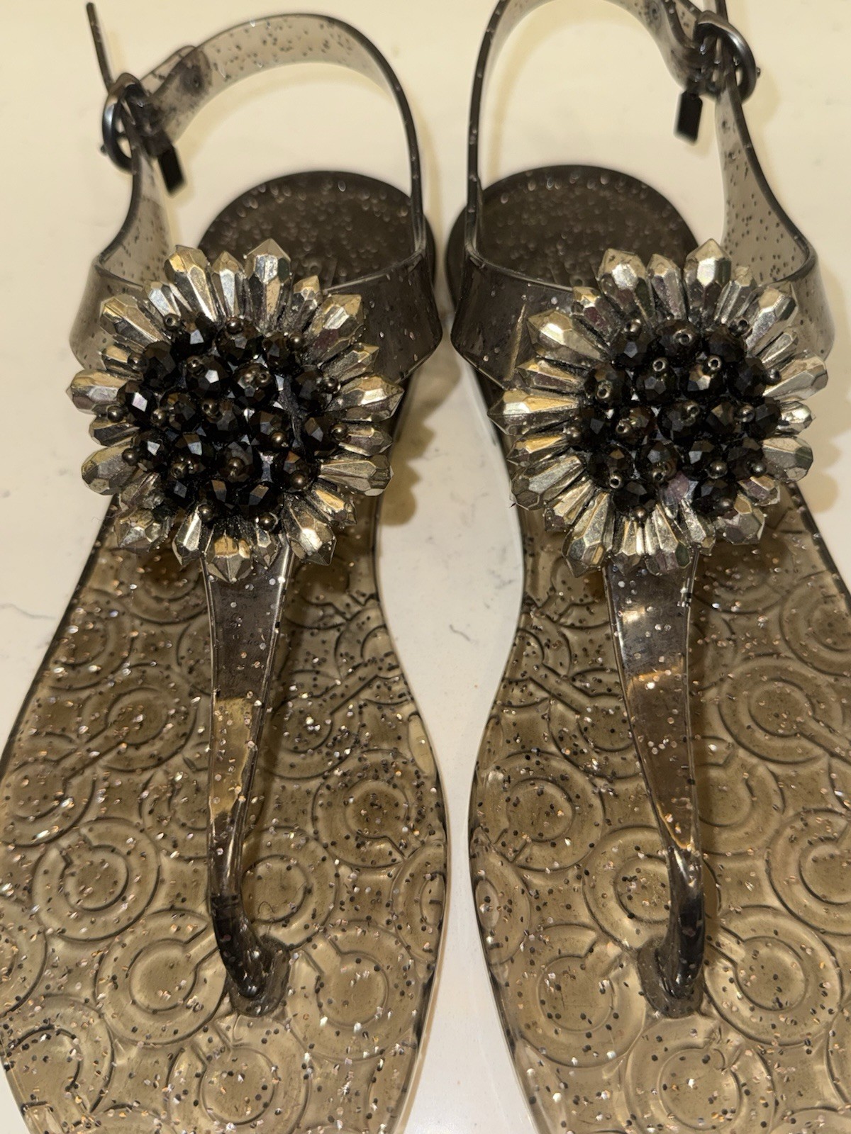 Coach Hilda Jelly Sandals Size 9 Black Embellished Glitter Designer Resortwear