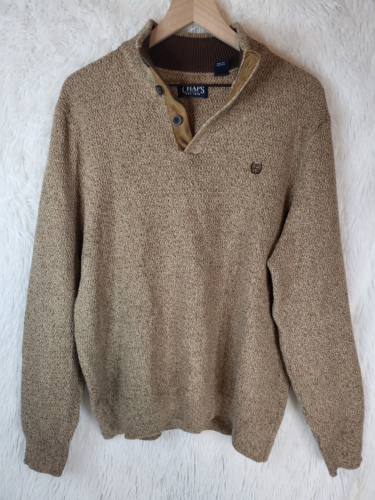 Chaps Mens Cardigan Sweater Henley Elbow Pads Size XL Tan