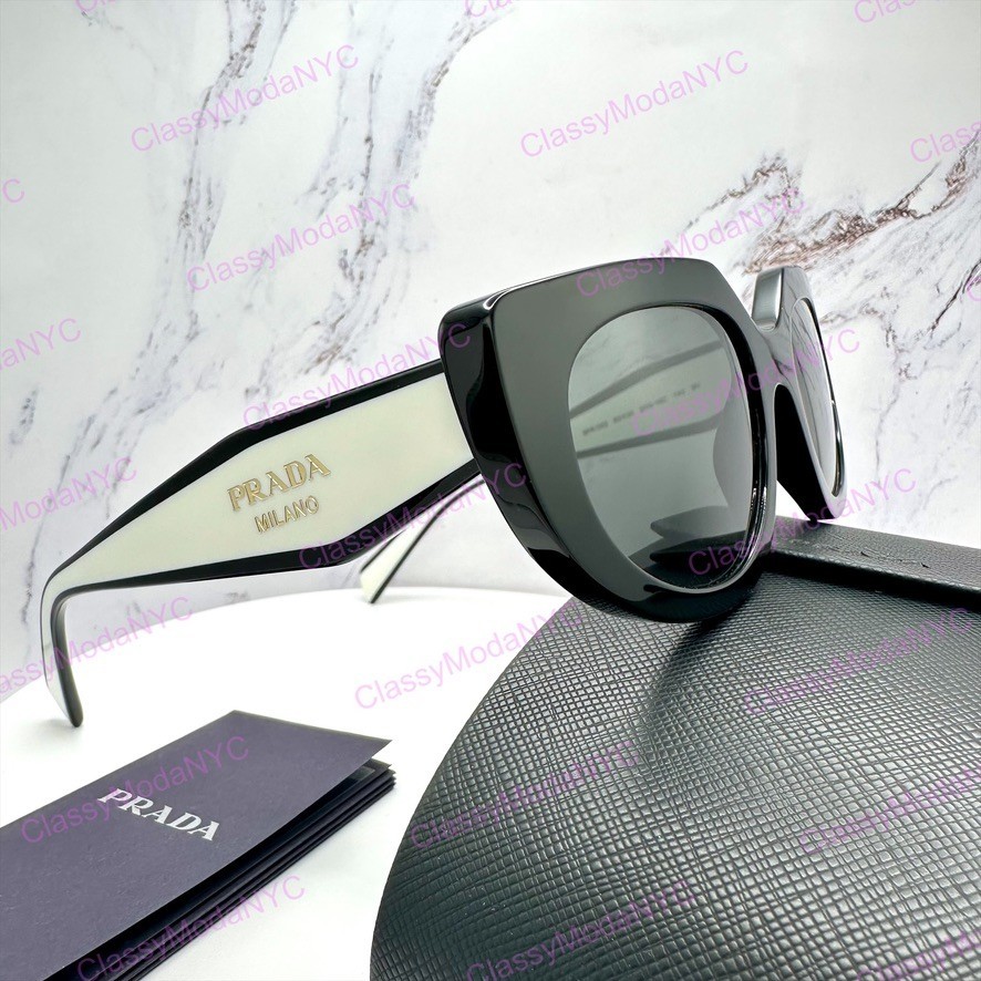 PRADA Sunglasses New Black White Gold Symbole Cat Eye Womens w/ Box & Case