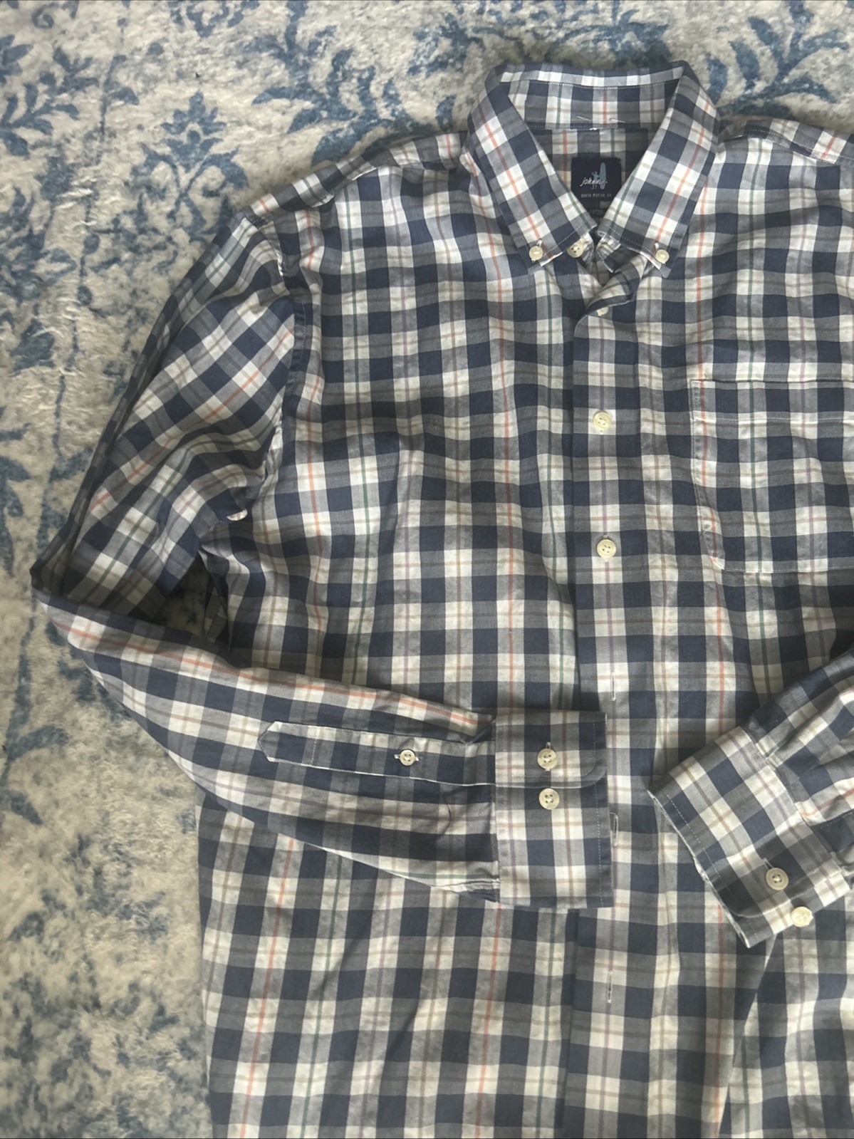Johnnie-O Mens Large Brown Gingham Check Button Down Cotton Shirt Long Sleeve
