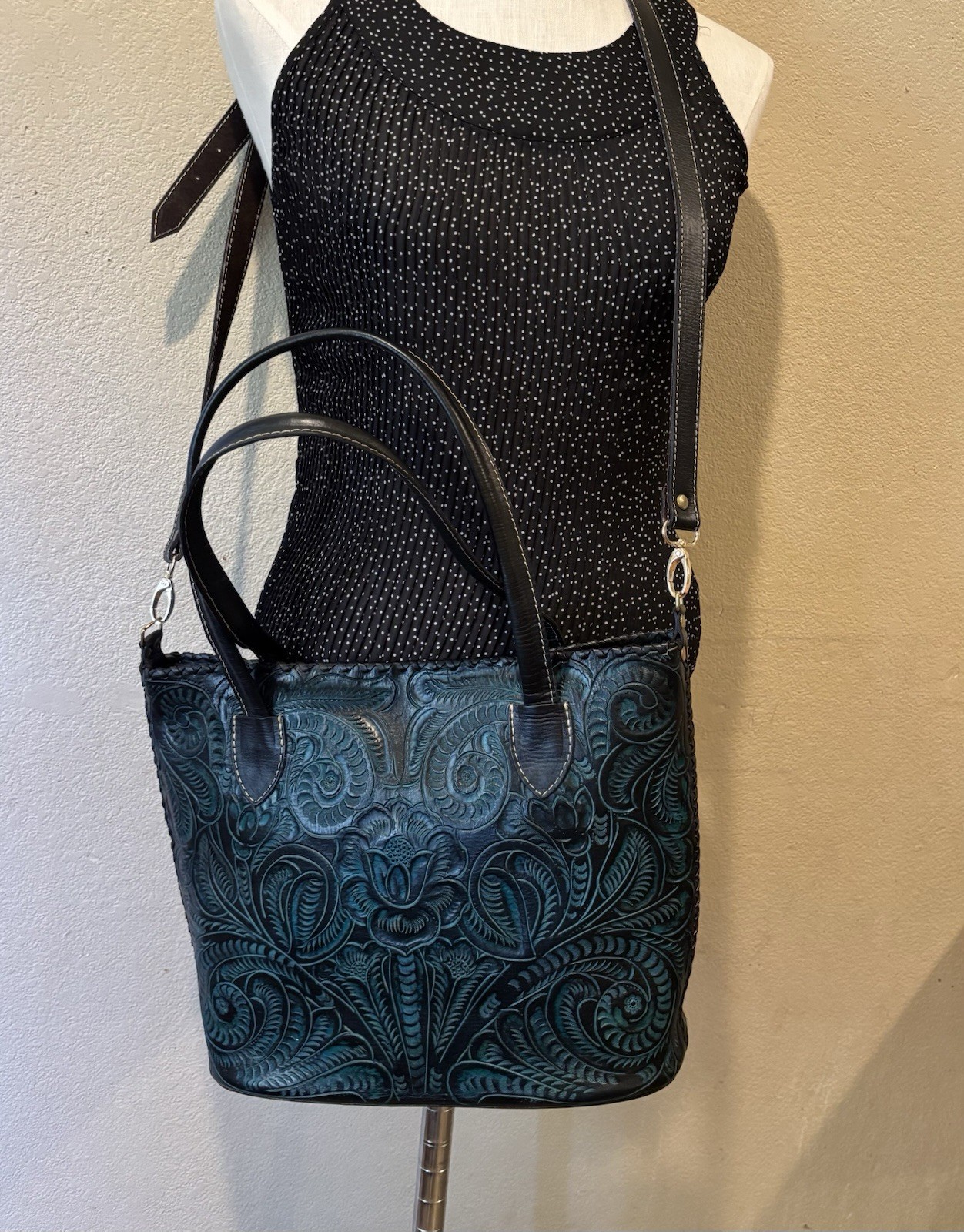 Tooled Floral Embossed Satchel Top Handle Bag Blue/Black Zip Gold Hardware