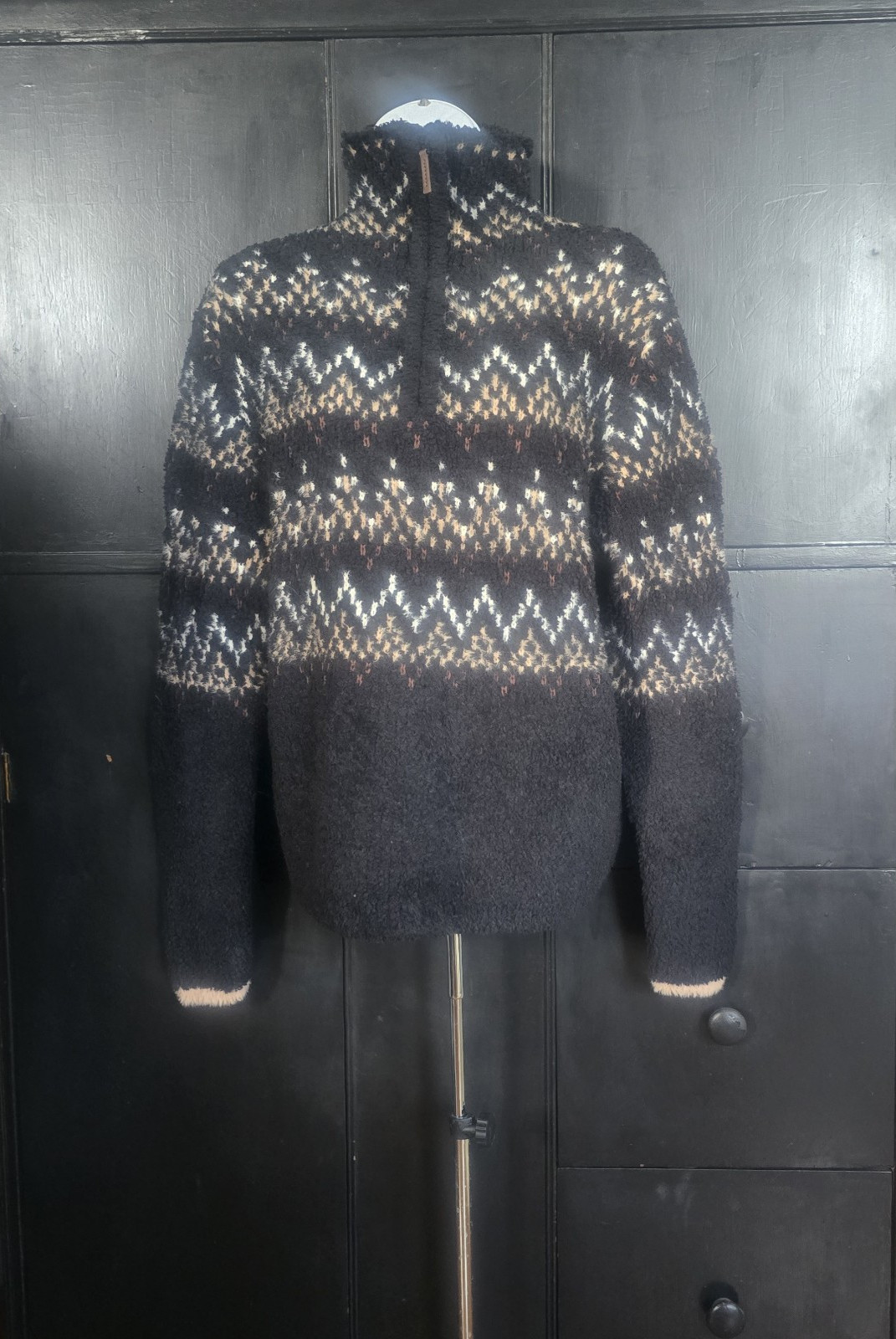 Natural Reflections Quarter Zip Pullover Women M Black Fair Isle Cabin Gorpcore
