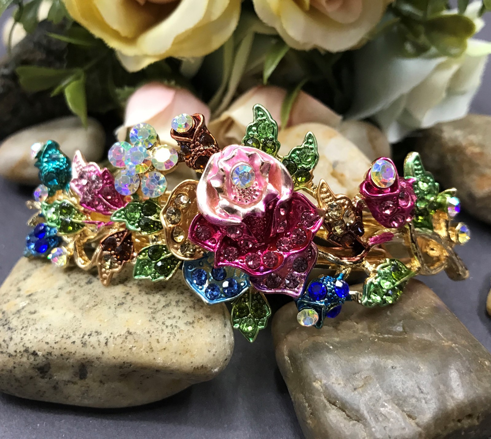 New Gold Tone Flower Rhinestone multi color Hair Clip Barrette ha2#2