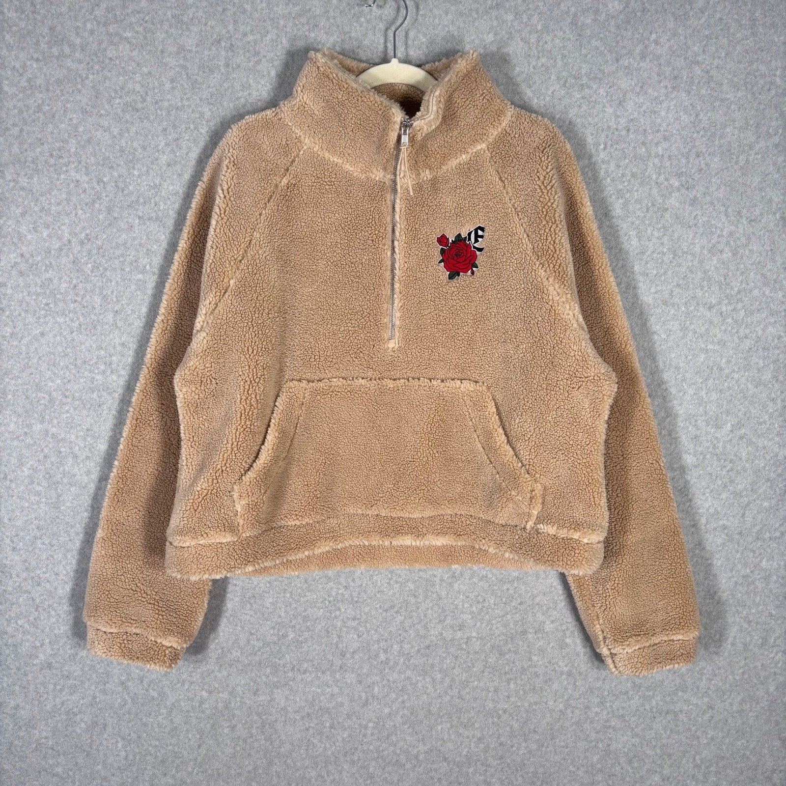 Empyre Sherpa Teddy Pullover Large Rose Embroidered Emma Chamberlain Cozy Grunge