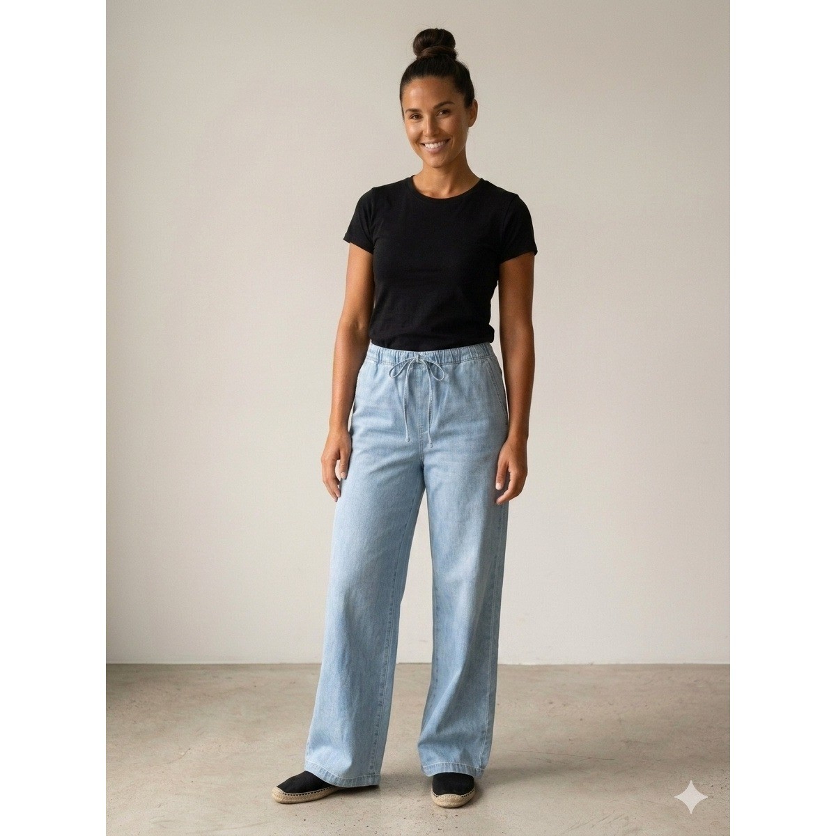 Zara Womens Wide Leg Drawstring Jeans Light Wash Blue High Rise Size Medium