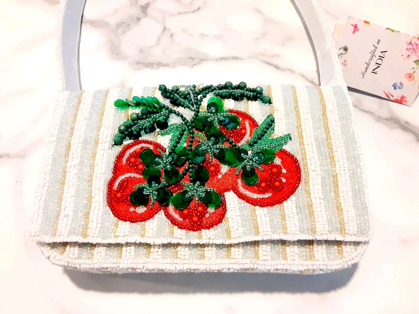 Made in India Beaded Tomato Striped Mini Shoulder Bag Purse White Gold Mint