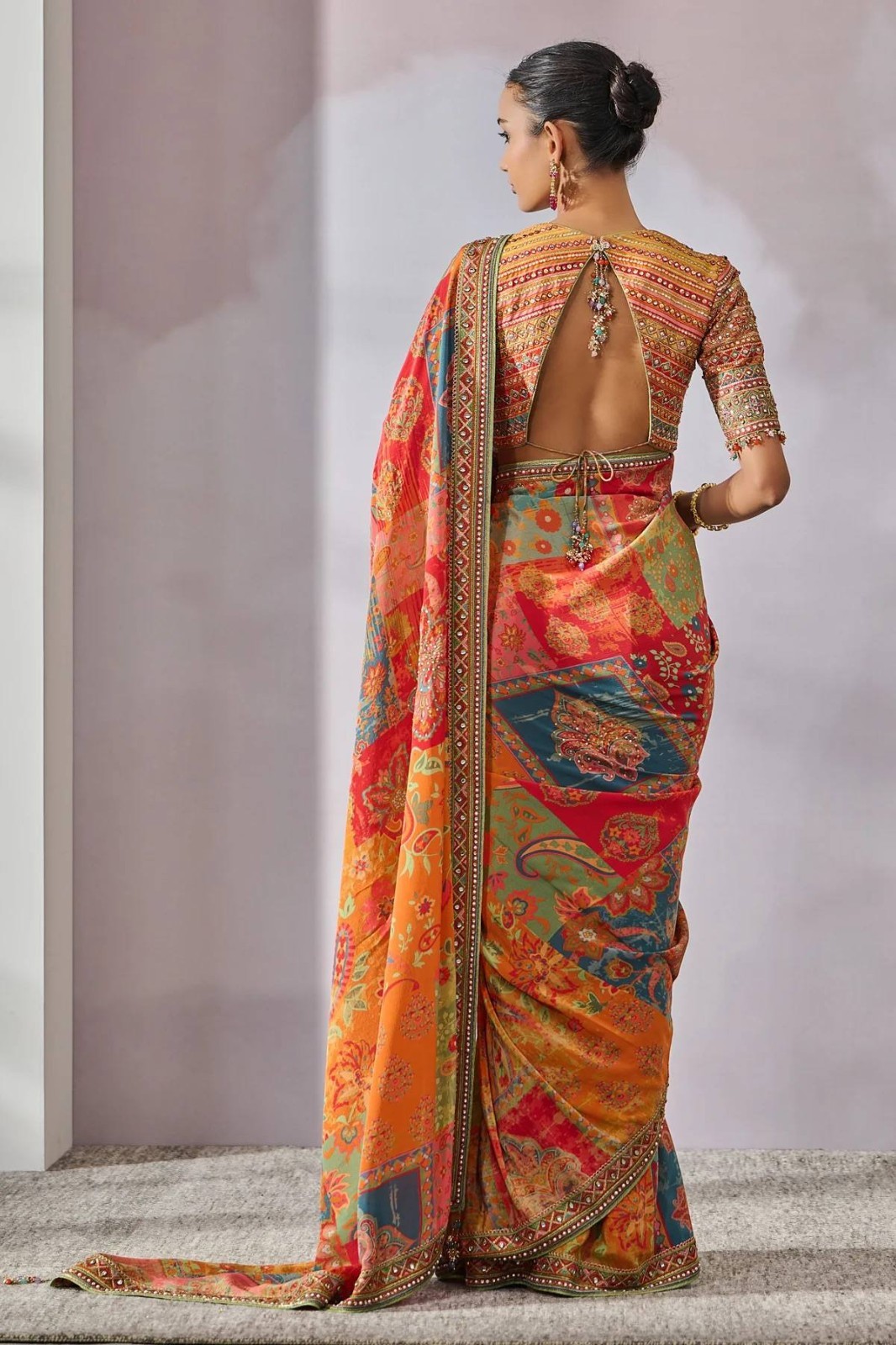 Indian Designer Saree Chinon Silk Hand Embroidery Mirror Work Ethnic Wear Sari