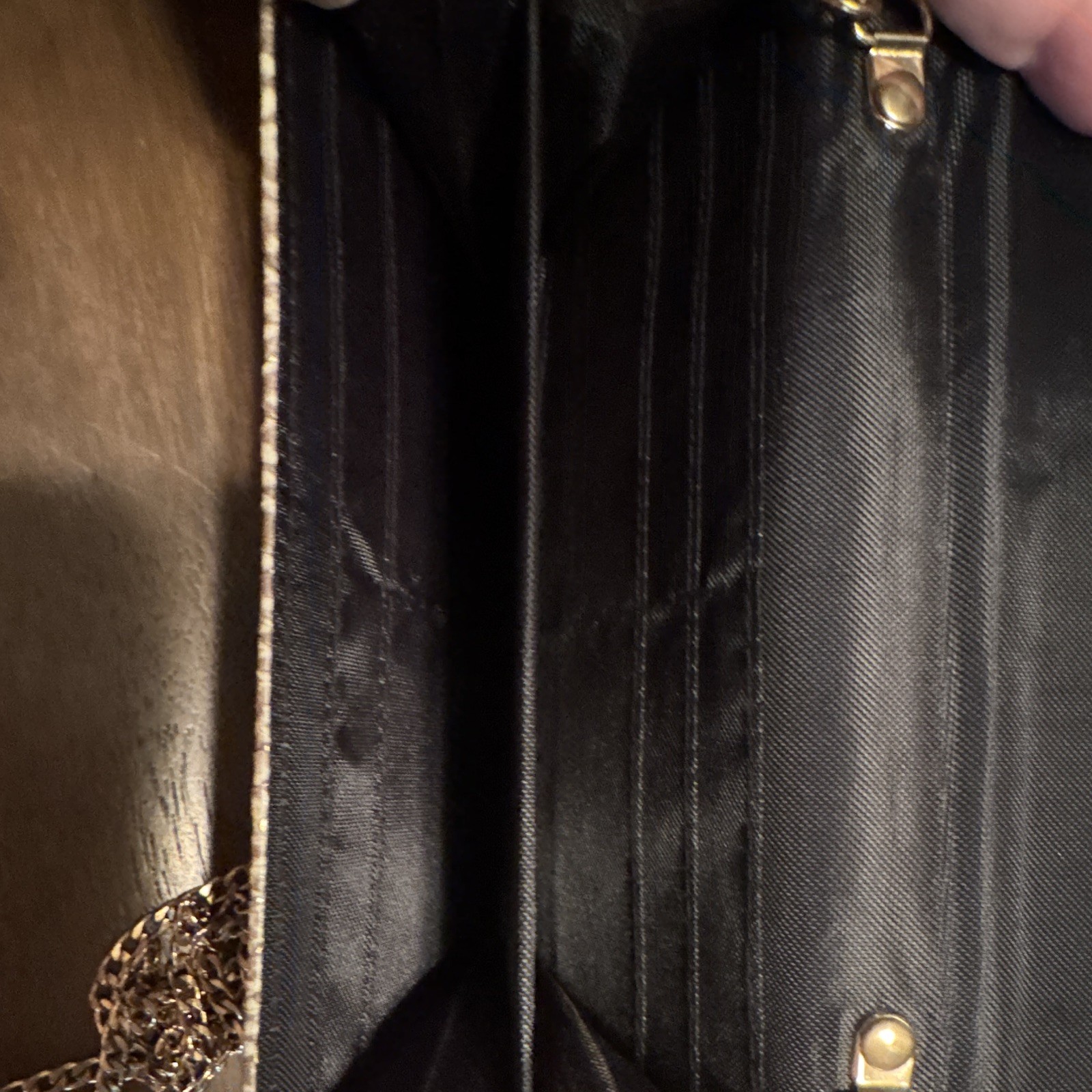 Beige/Brown Snakeskin Animal Print Clutch w/ Gold Chain Strap, Lock, Lined