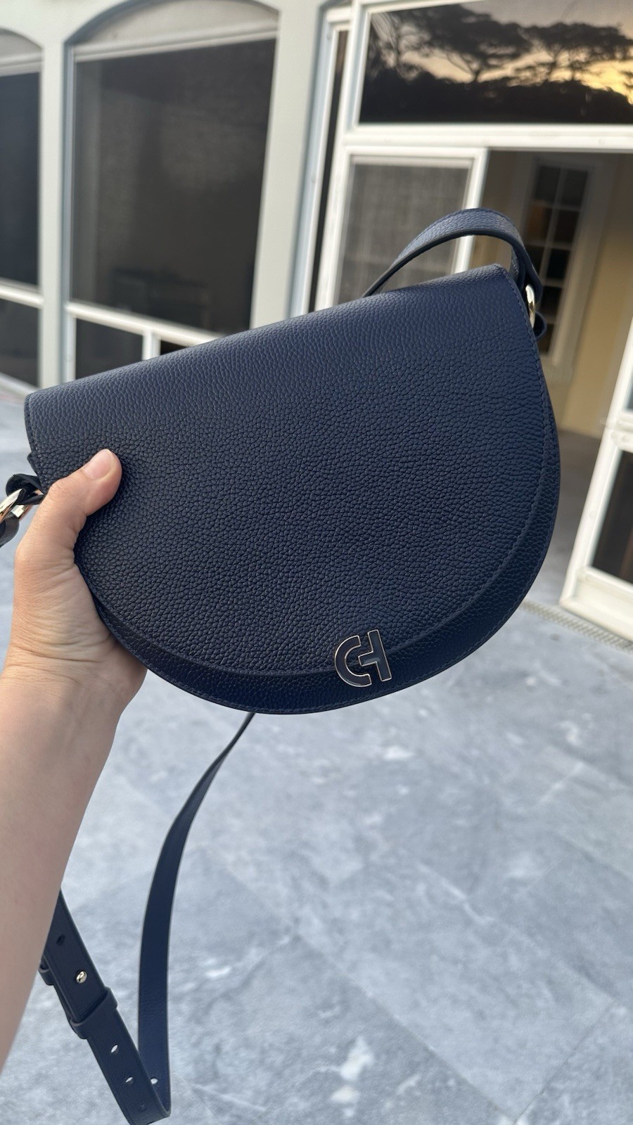 Cole Haan Evie Leather Saddle Bag Dark Navy Blue