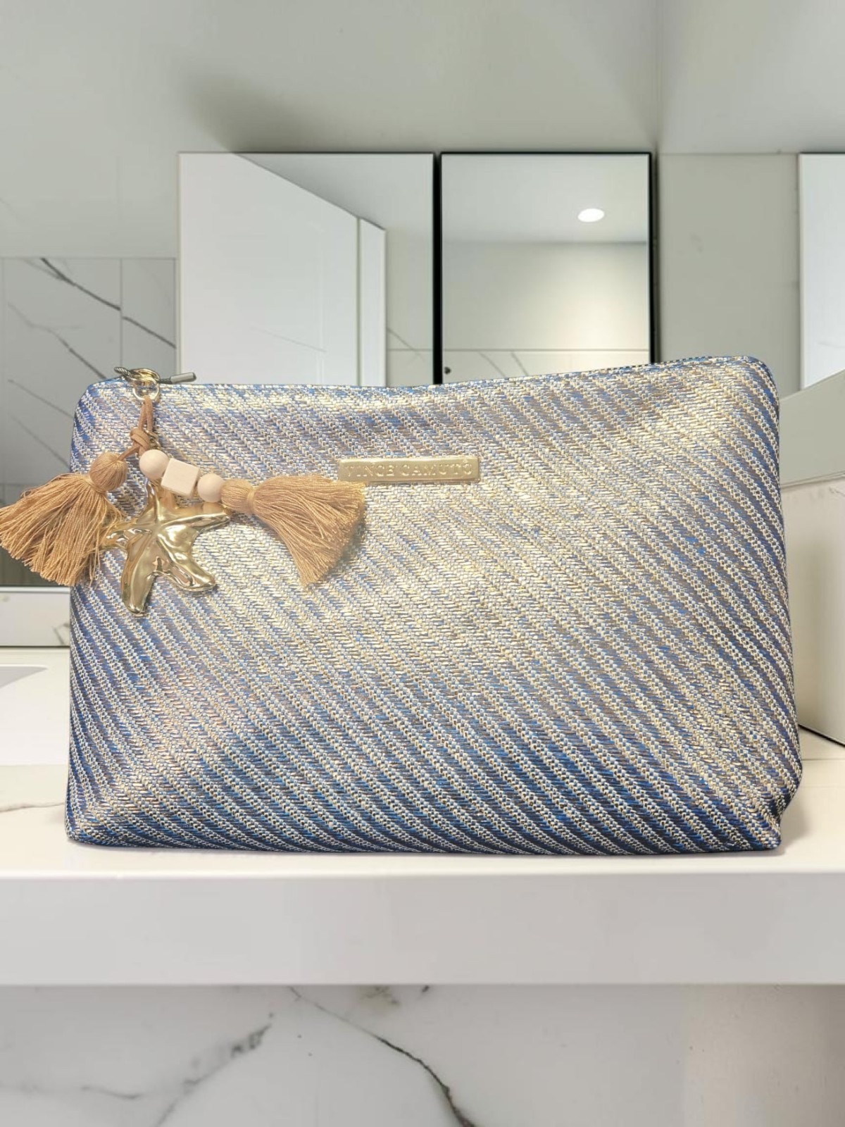 NEW Vince Camuto Blue Pouch Clutch with Seashell Bag Charm Dimensions 10″x7″x3″