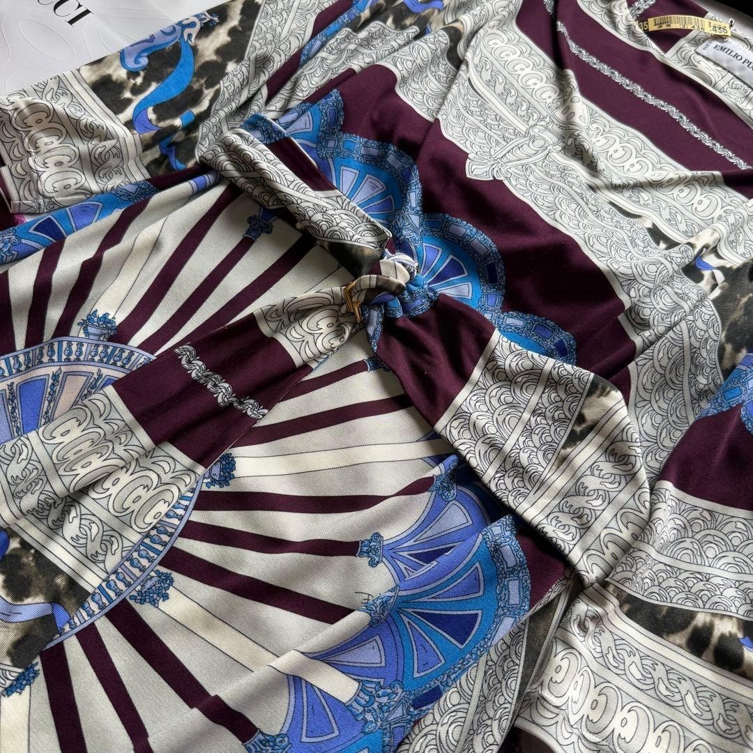Emilio Pucci Silk Print Dress Gray Brown Purple Belted Long Dress Size IT42