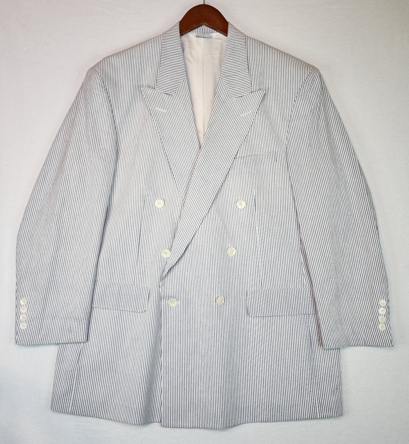 *Flaw Haspel Seersucker Double Breasted Suit Jacket Blazer Mens 48 Blue Striped