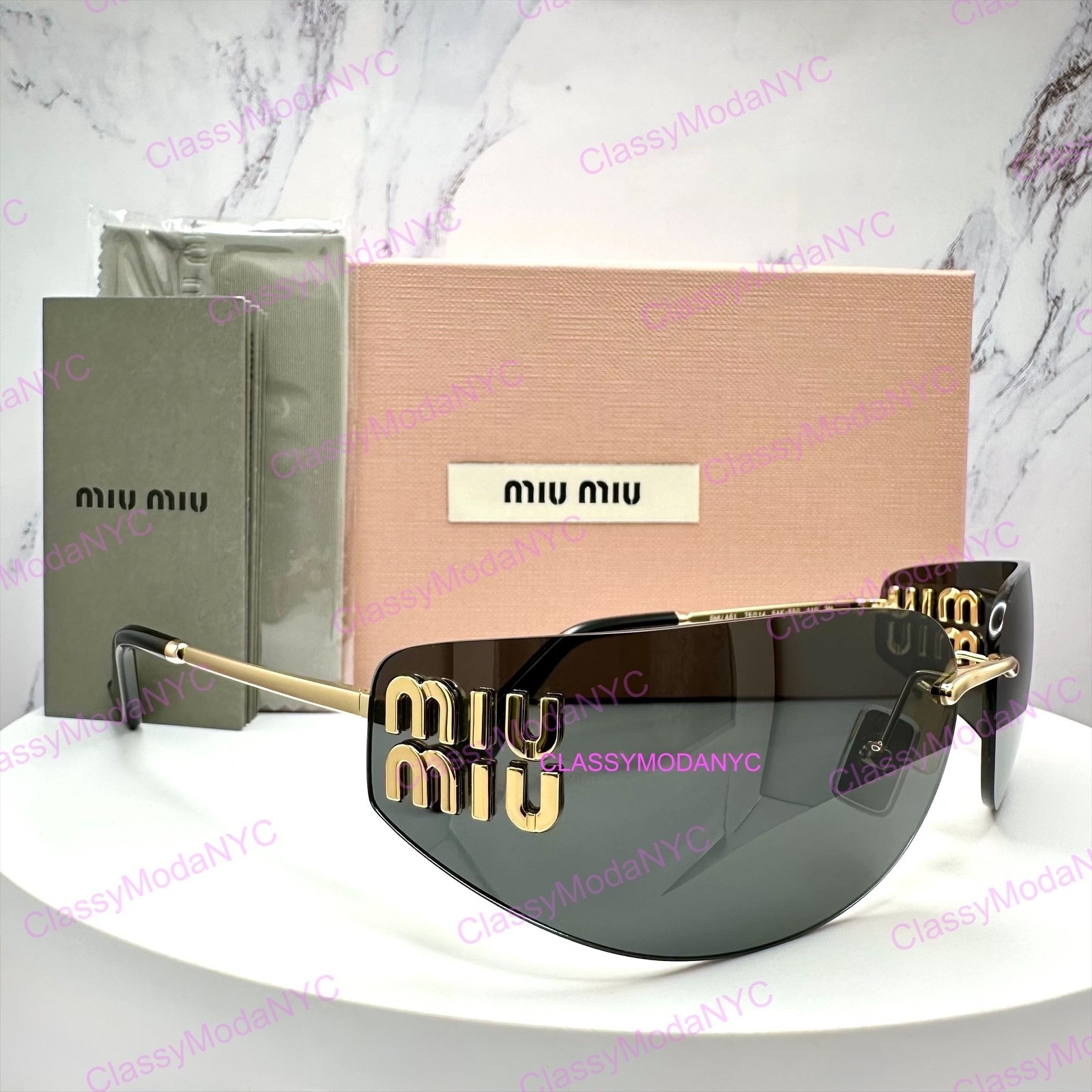 MIU MIU MU A51S 5AK5S0 New Sunglasses Aube Gold Dark Grey Wrap Rimless Authentic
