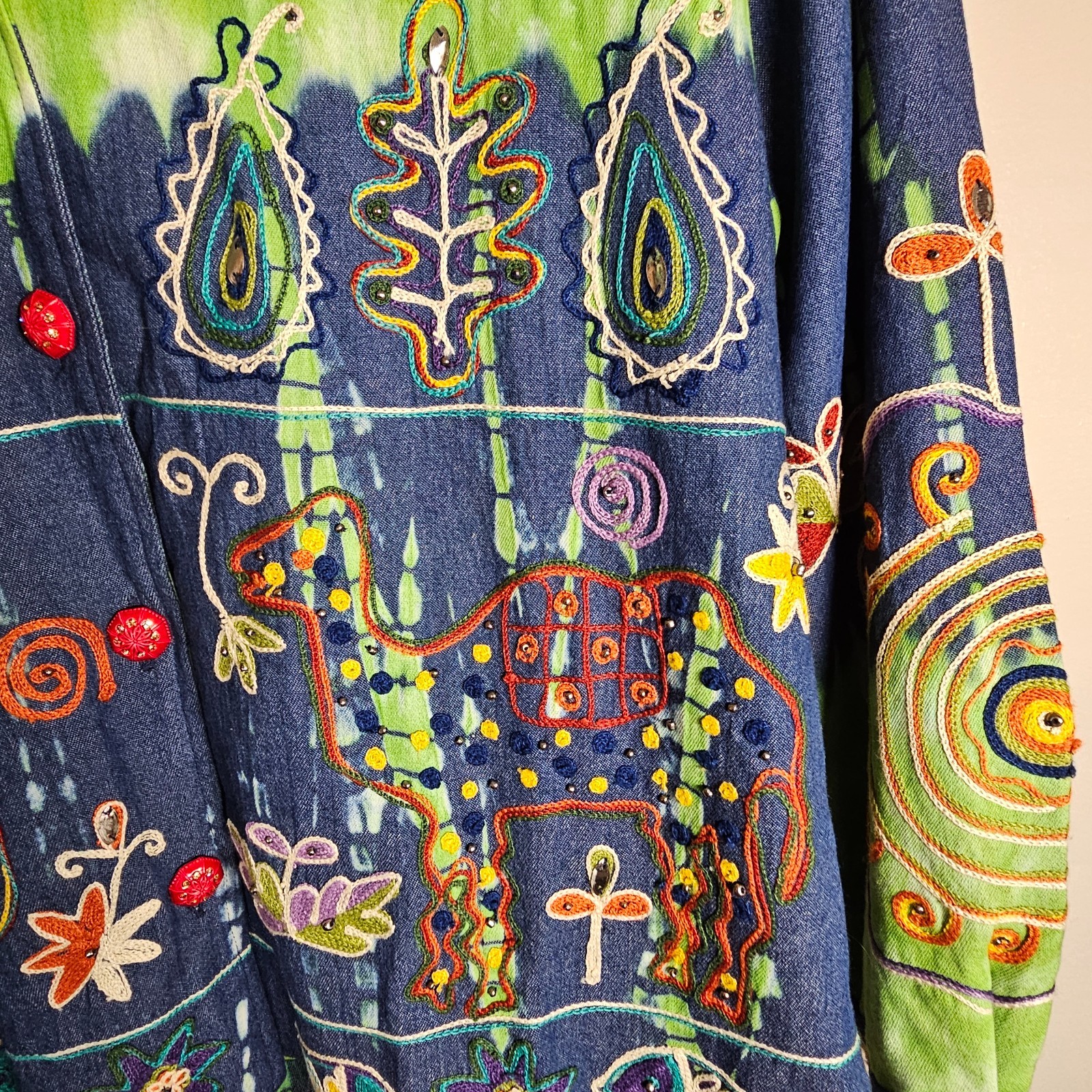 Indigo Moon Large Jacket Green Tie Dye Blue Denim Embroidered Beaded Boho Artsy