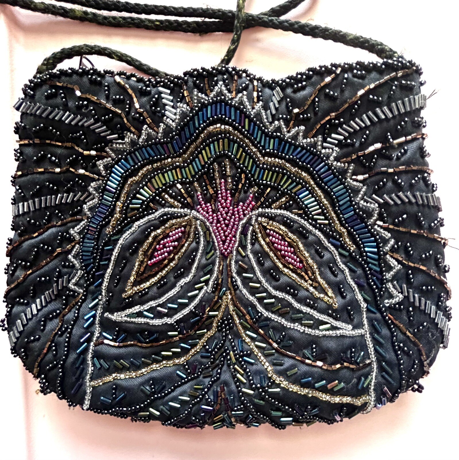 Small Black &multi Color Bead Bag Purse Scallop Top & Braid Rope Shoulder Strap