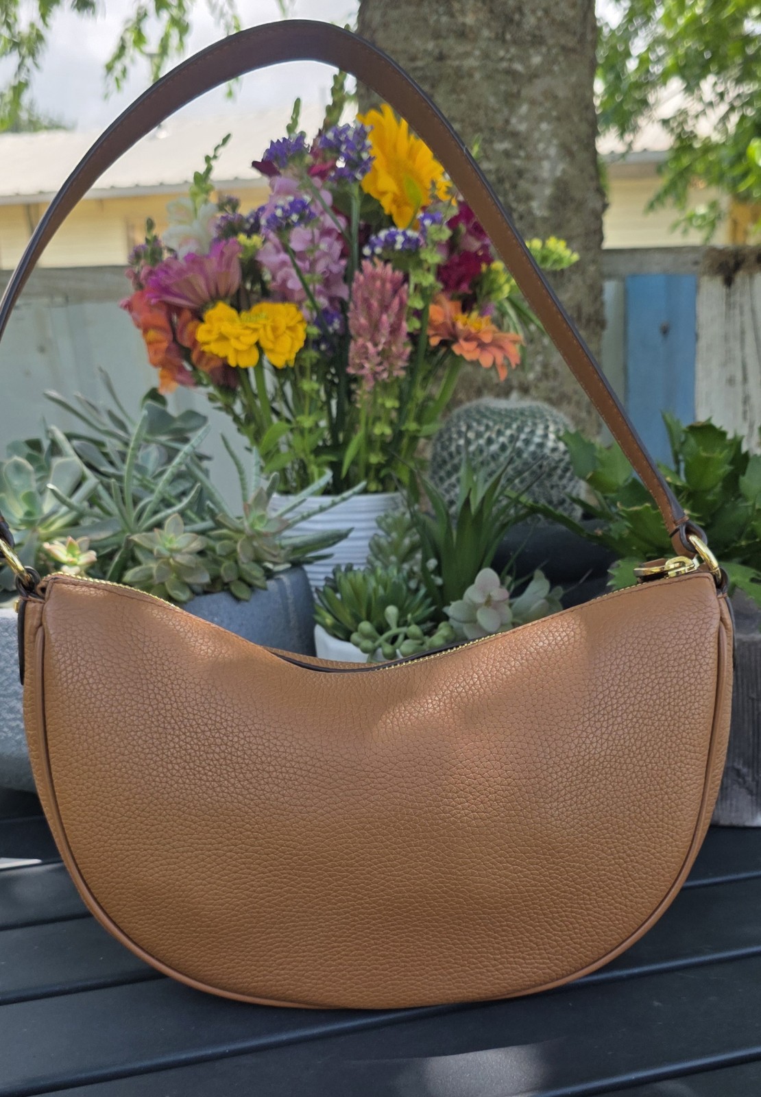 Michael Kors Tan Pebbled Crescent Medium Shoulder Bag Zip/Magnetic Gold Hardware