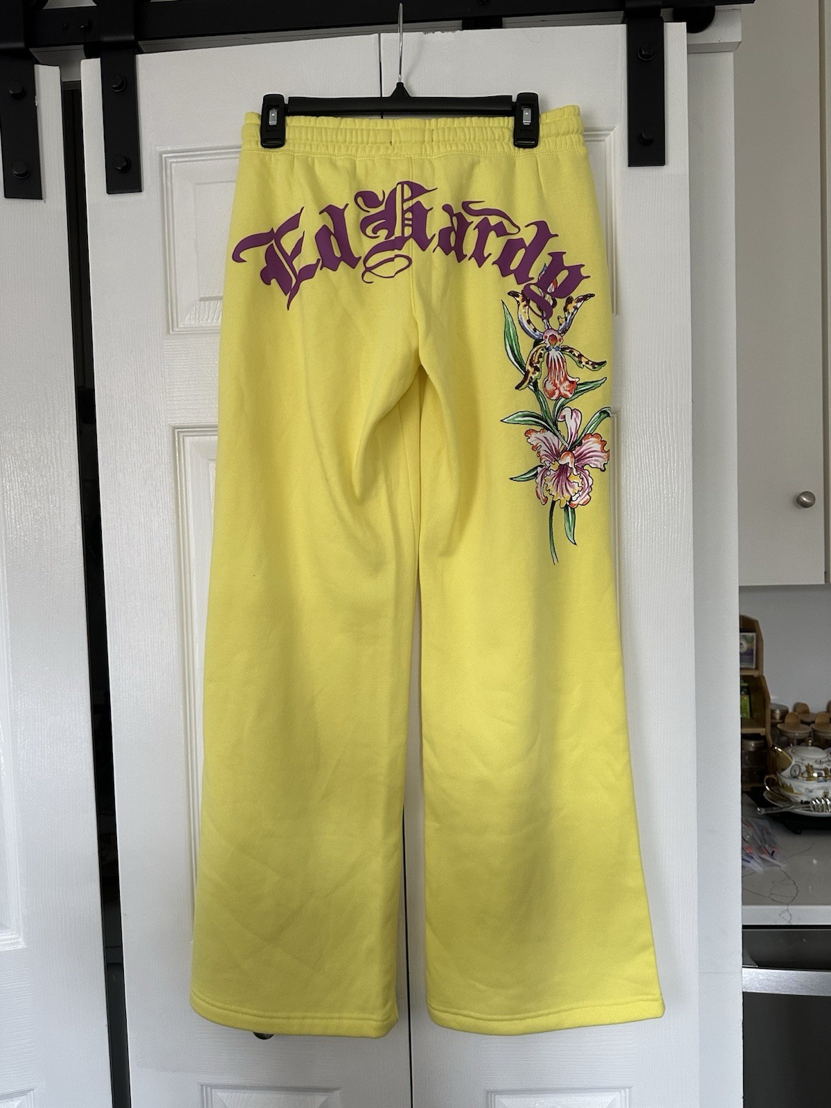 Ed Hardy Women’s Lemon Yellow Graphic Wide Leg Sweatpants Size Small NWT