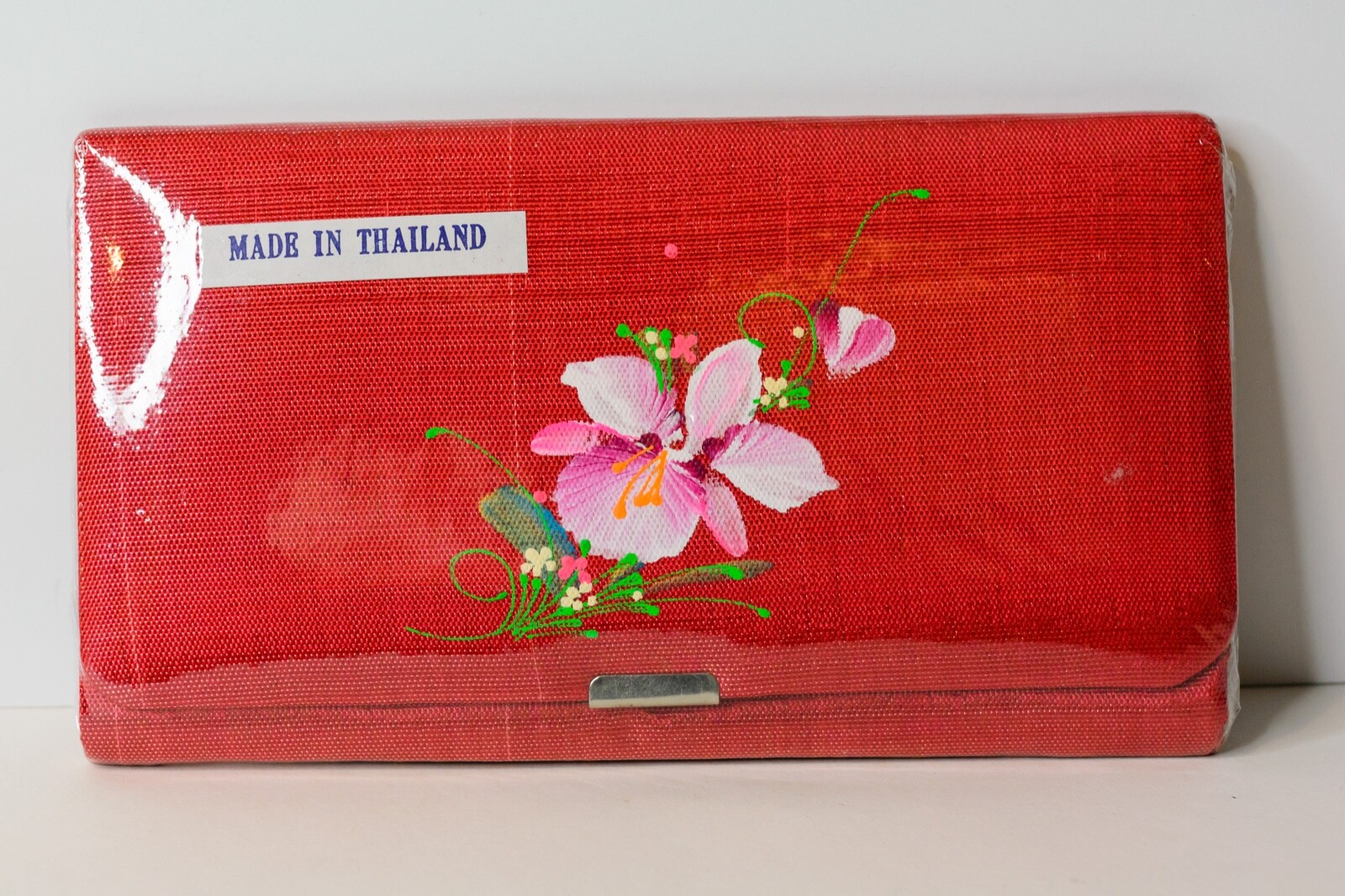 Womens Thai Silk Clutch Wallet Handmade in Red with Hand Painted Flower Design