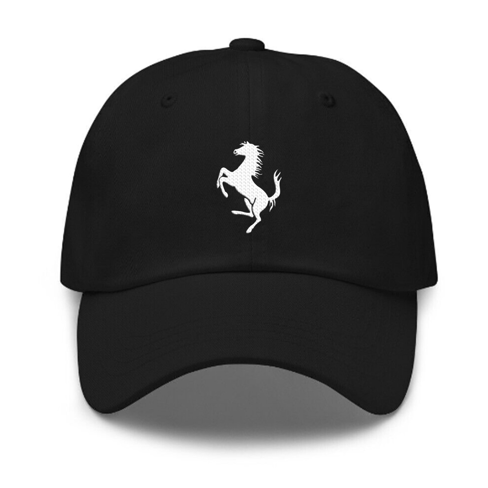 Ferrari Inspired Embroidered Horse White Silver Gray Red Logo Black Dad Hat Cap