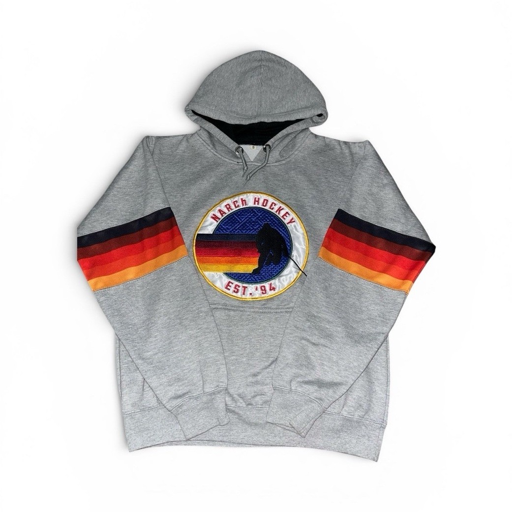 Men’s Gray Hockey Graphic Pullover Hoodie Size S Hooded Pockets Embroidered
