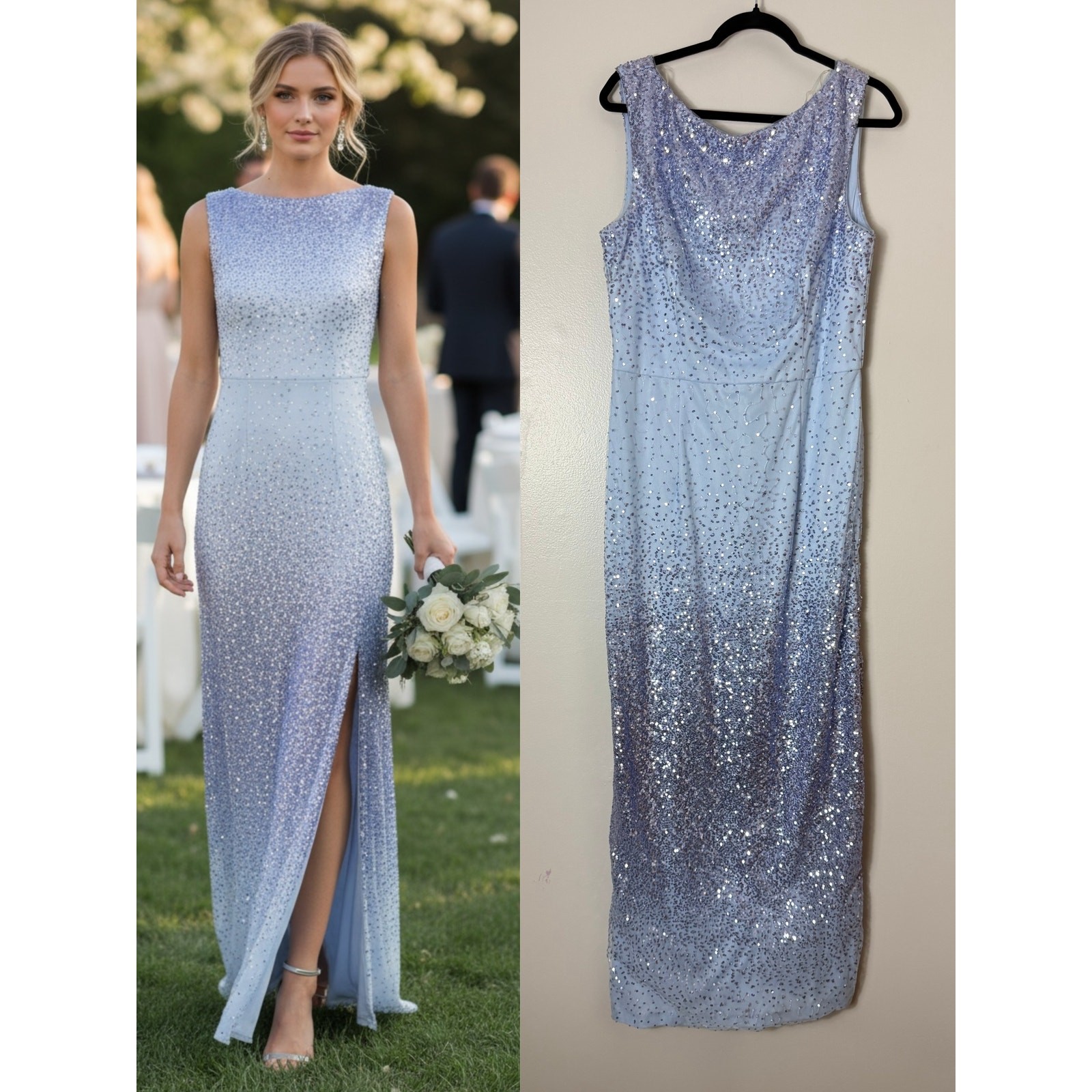 JS COLLECTIONS DRESS 12 TORI BLUE SEQUIN OMBRE COLUMN GOWN WEDDING GUEST MAXI