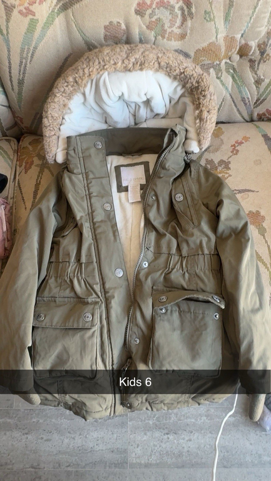 Falls Creek Girls Green Hooded Faux Fur Trim Parka Coat w/ Pockets Size 6