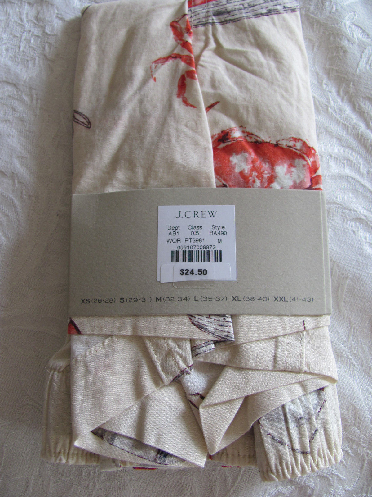 J Crew Boxers Watercolor Ocean-Crabs, Boats-Natural-Woven Cotton-Men’s M (32-34)