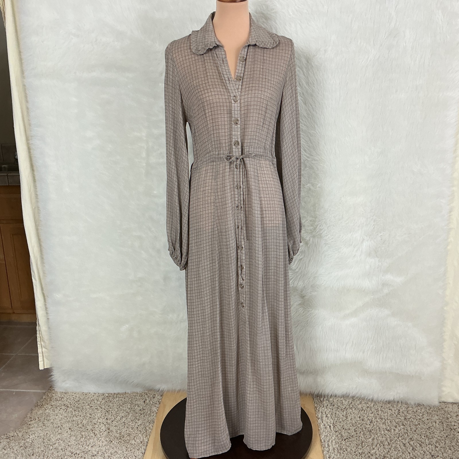 Christy Dawn Selma Tan Oak Plaid Check Ruffle Collared Button Front Maxi Dress S