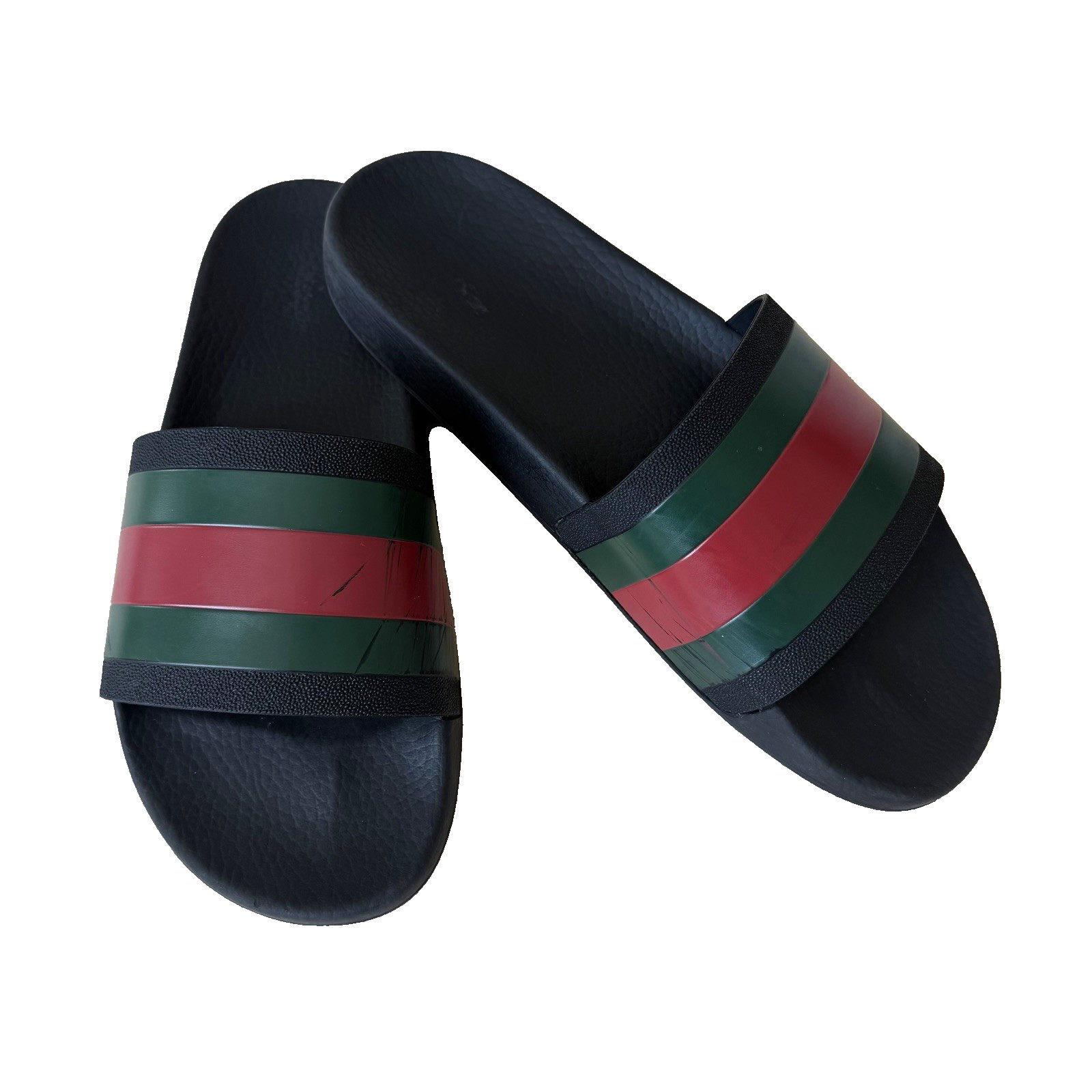 Gucci Web Rubber Slide Sandals Mens 9 Black Green Red Stripe Beach Pool READ
