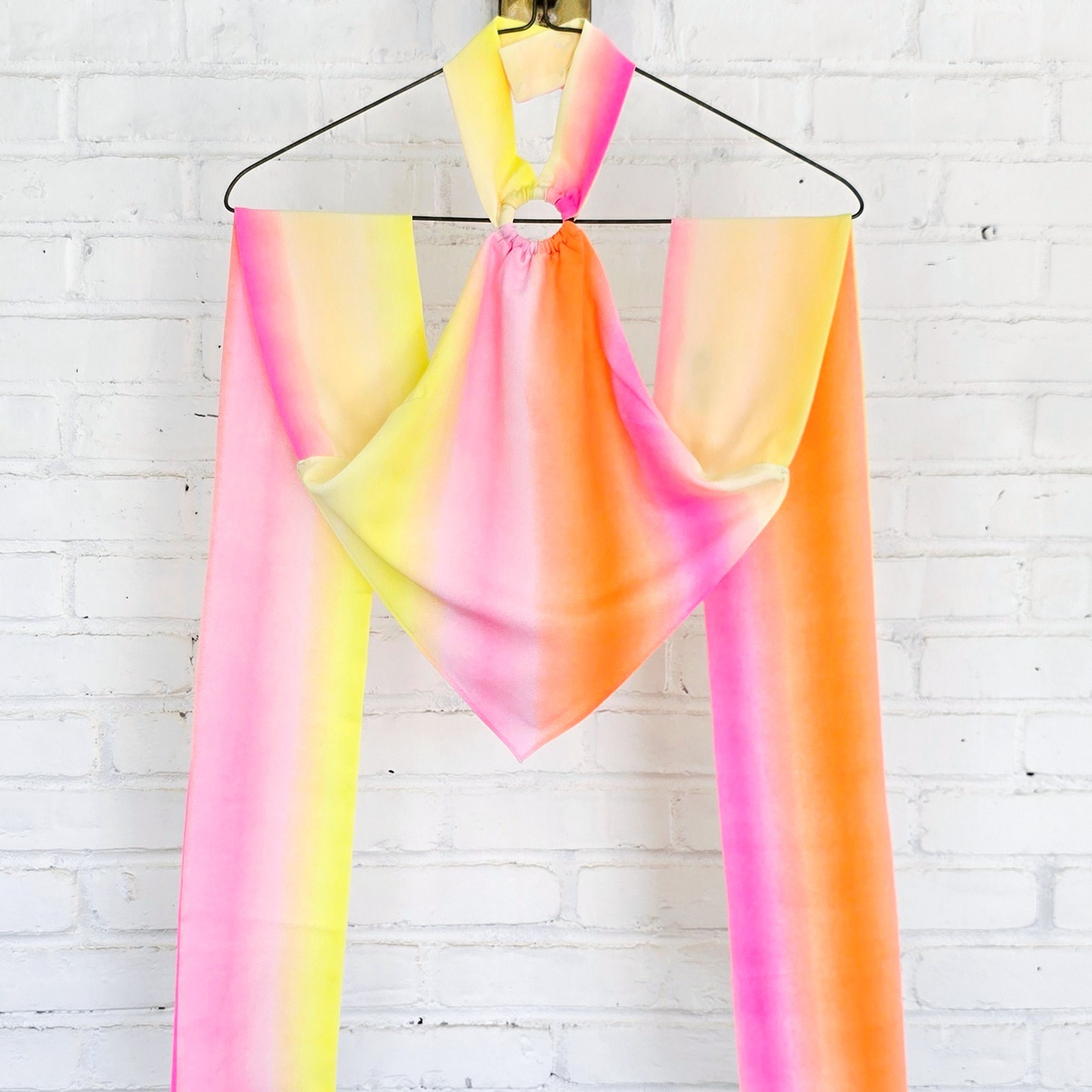 Pomelo Halter Ring Colorblock Satin Cropped Backless Tank Top XS Pink Orange Ye…